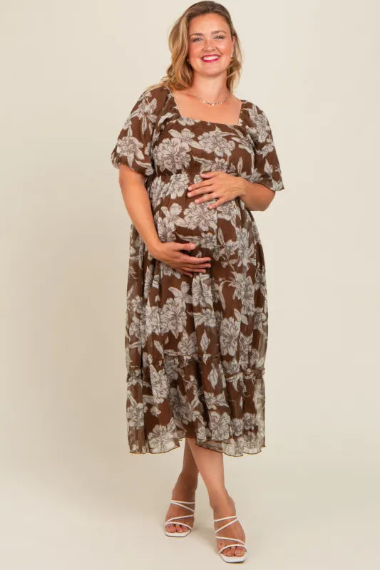 Brown Floral Chiffon Ruffle Hem Maternity Plus Midi Dress sold by Pinkblush
