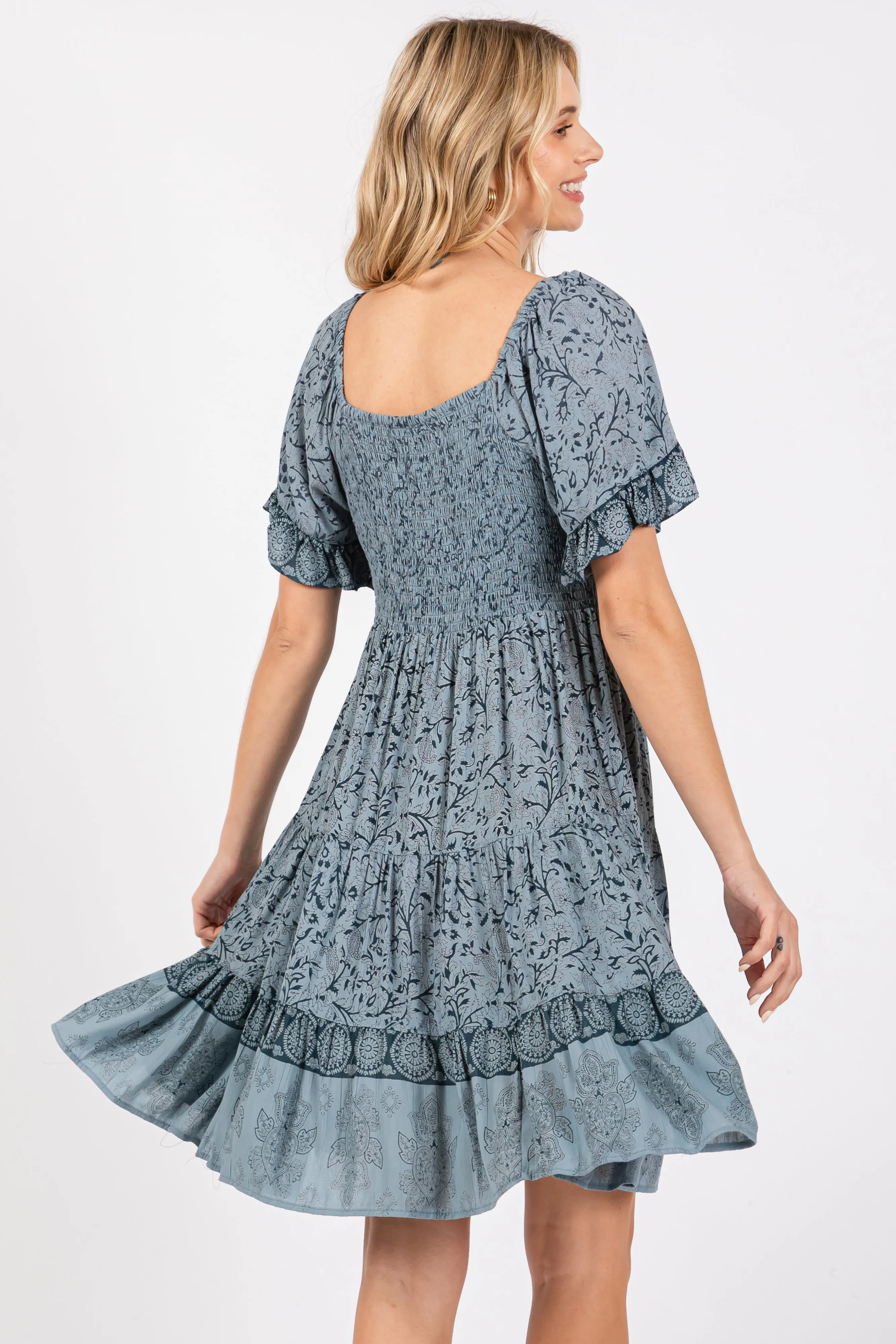 Blue Floral Paisley Knot V-Neck Short Sleeve Dress sold by Pinkblush product image thumbnail 3
