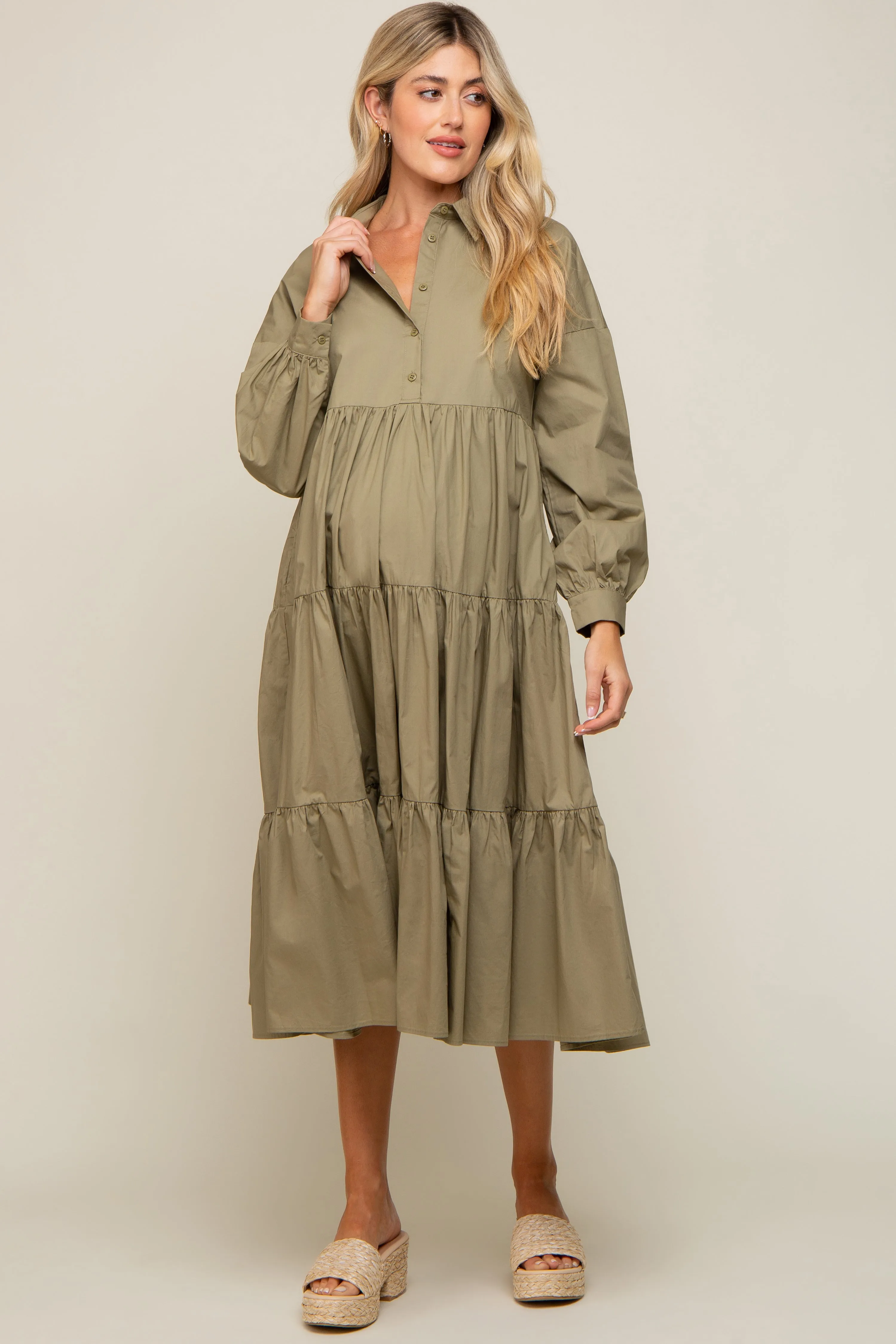 Olive Tiered Button Down Maternity Midi Dress sold by Pinkblush product image thumbnail 4