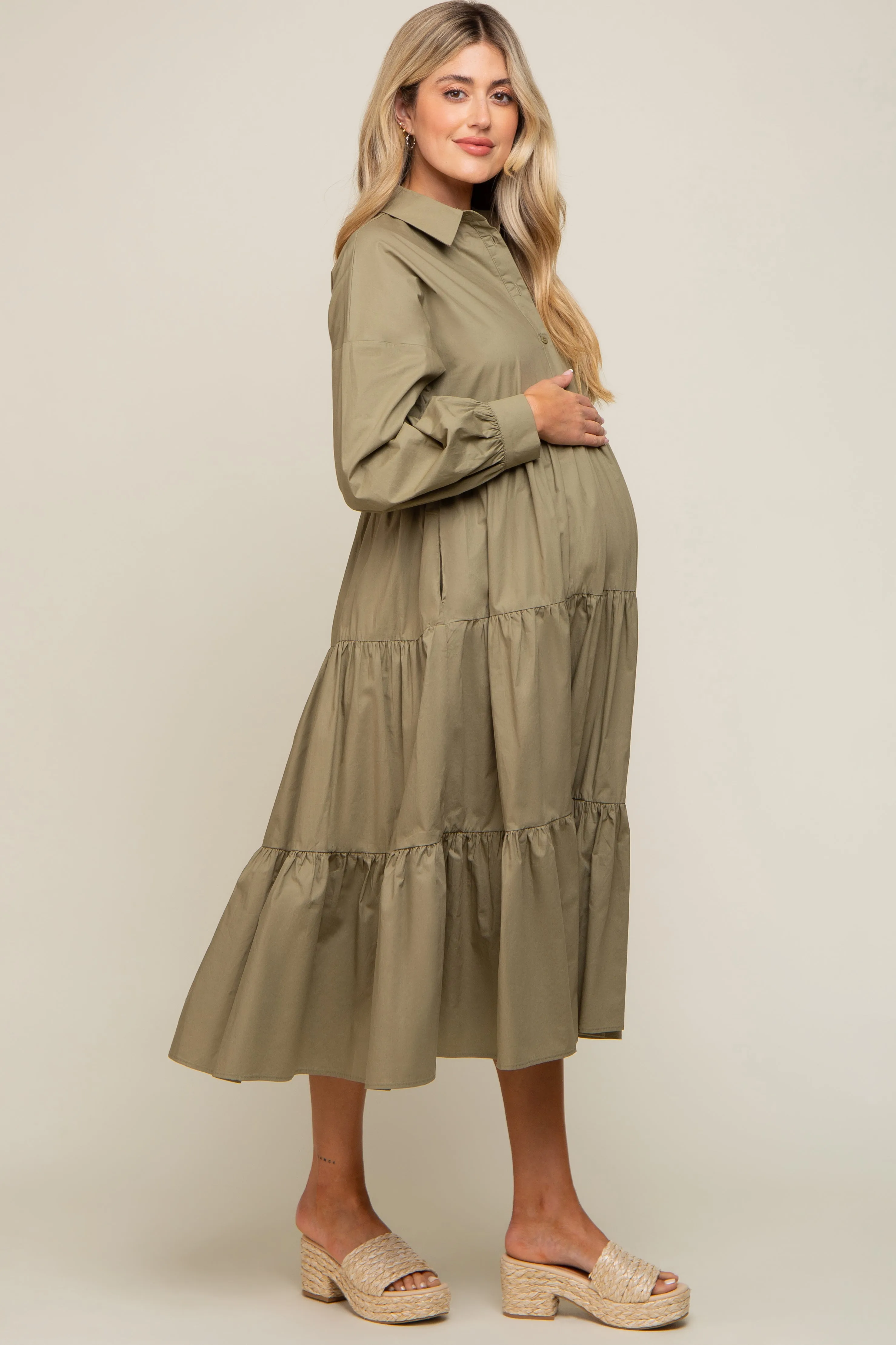 Olive Tiered Button Down Maternity Midi Dress sold by Pinkblush