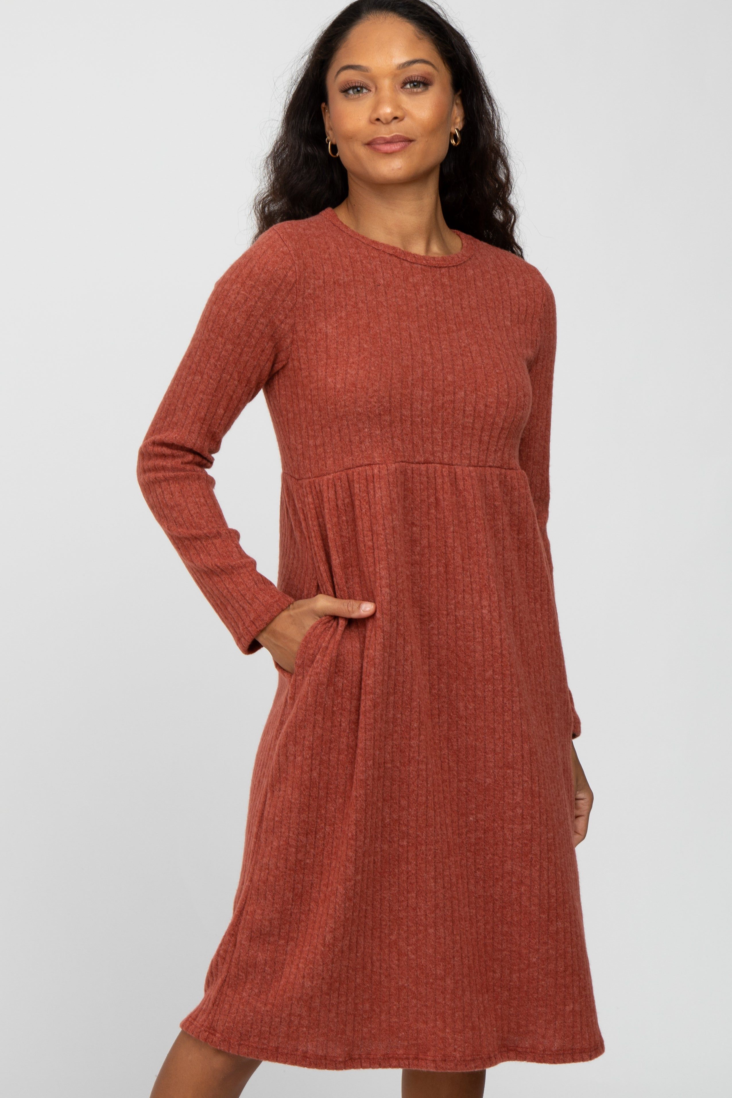 Rust Brushed Ribbed Knit Dress sold by Pinkblush product image thumbnail 2