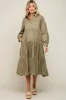 Olive Tiered Button Down Maternity Midi Dress sold by Pinkblush