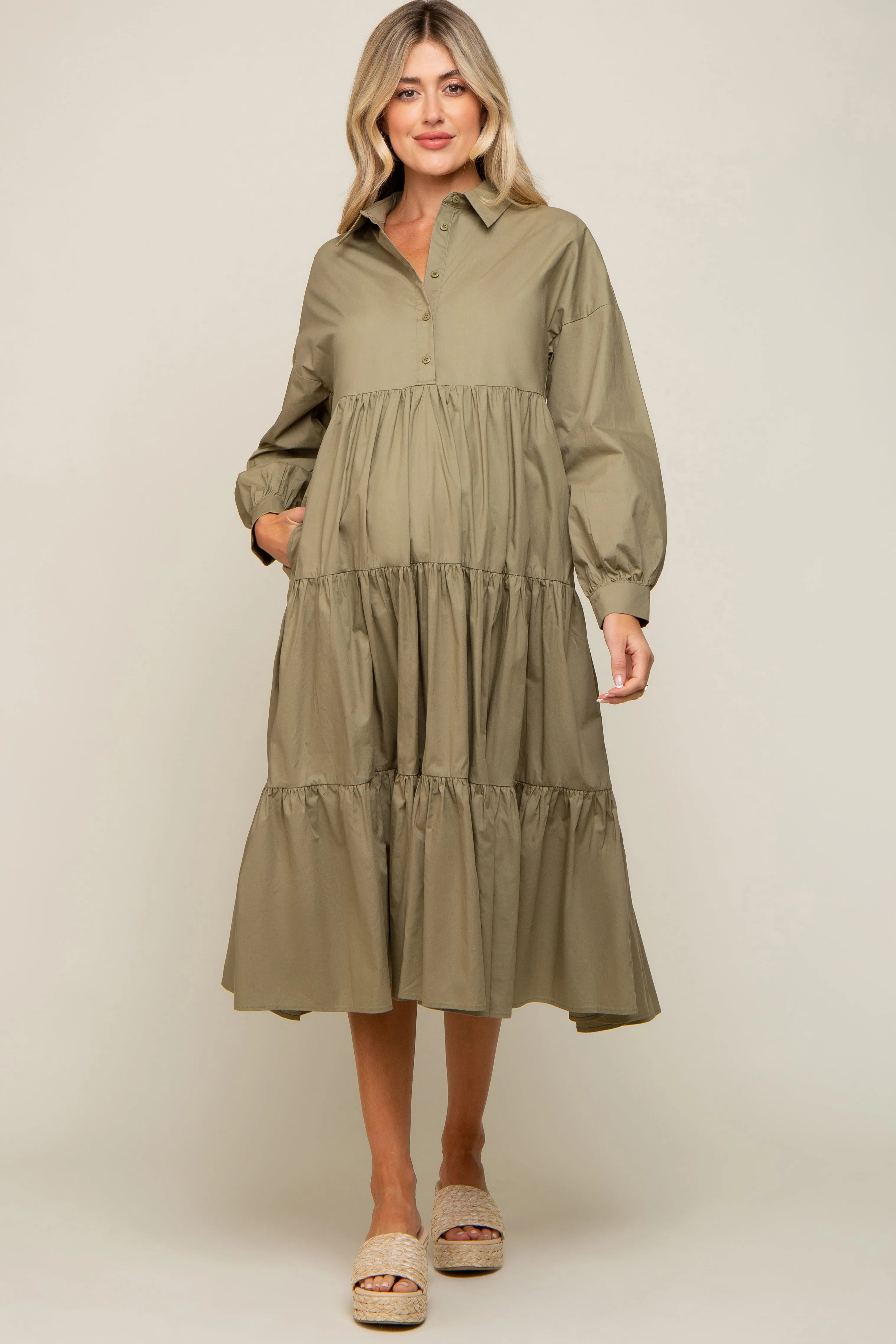 Olive Tiered Button Down Maternity Midi Dress sold by Pinkblush product image thumbnail 2