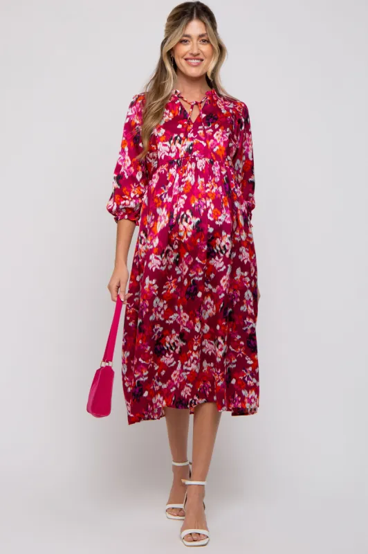 Magenta Floral Satin Ruffle Neck Maternity Midi Dress sold by Pinkblush