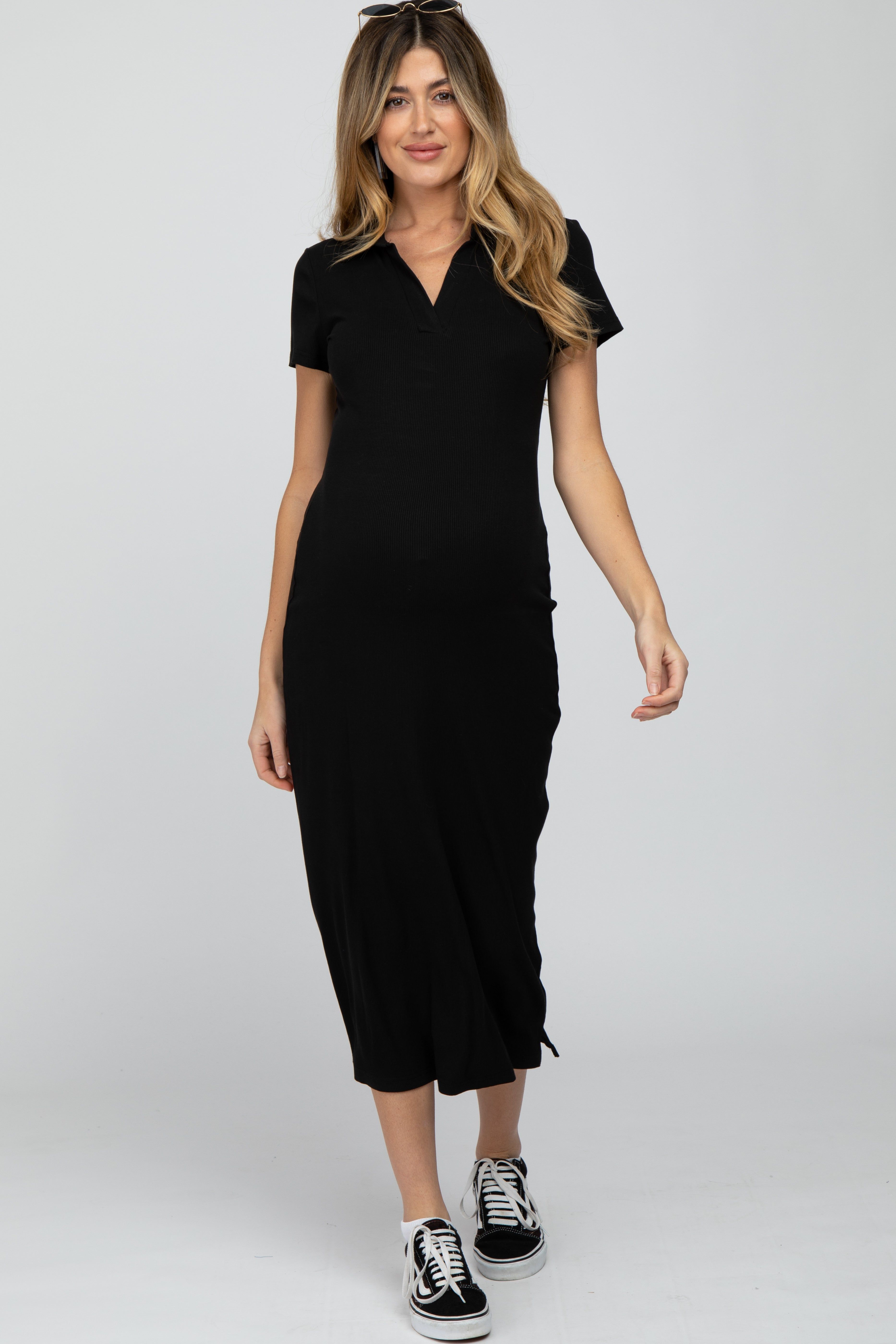 Black Ribbed Collared Fitted Maternity Midi Dress sold by Pinkblush product image thumbnail 2