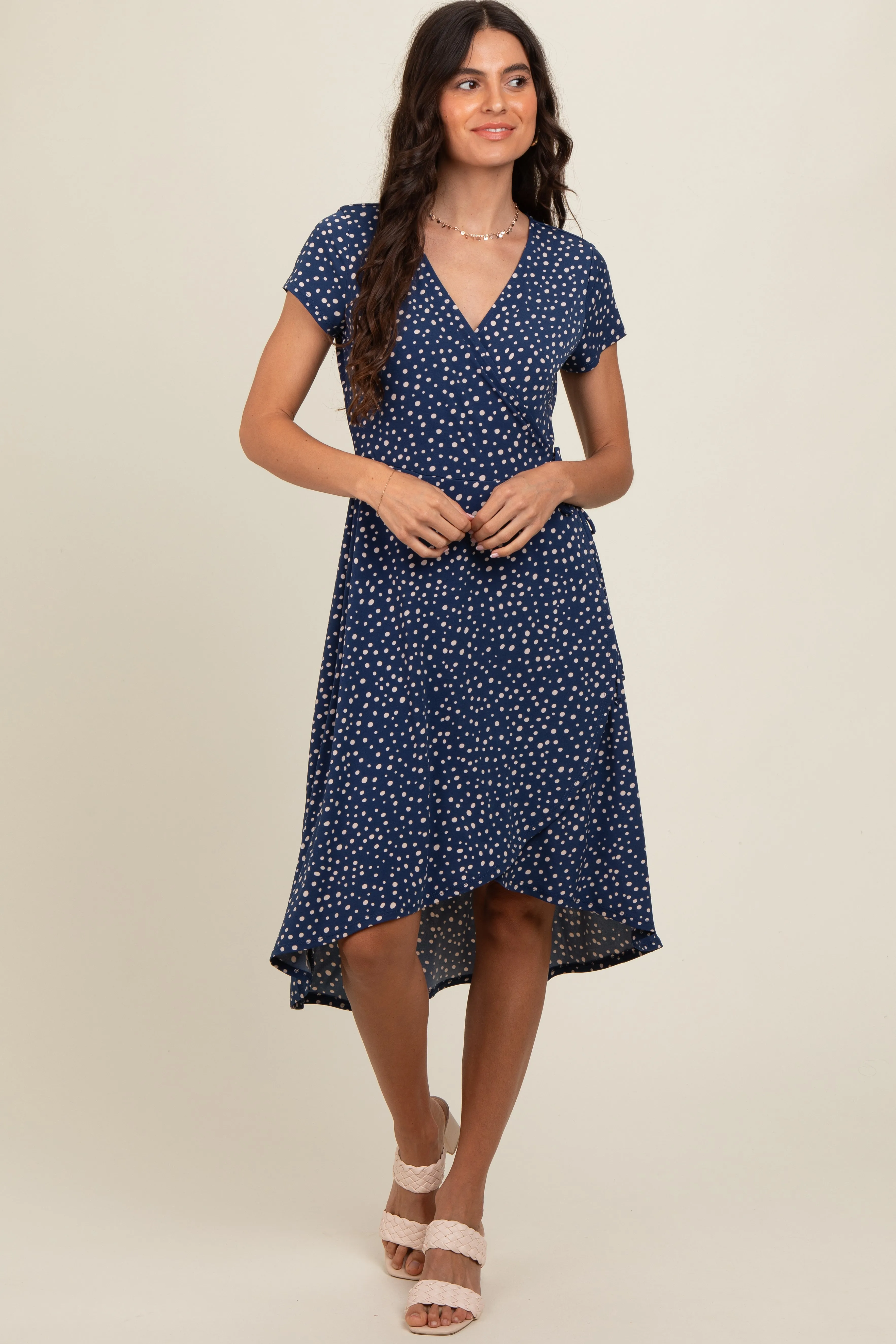 Navy Dot Print Wrap Nursing Midi Dress sold by Pinkblush product image thumbnail 2