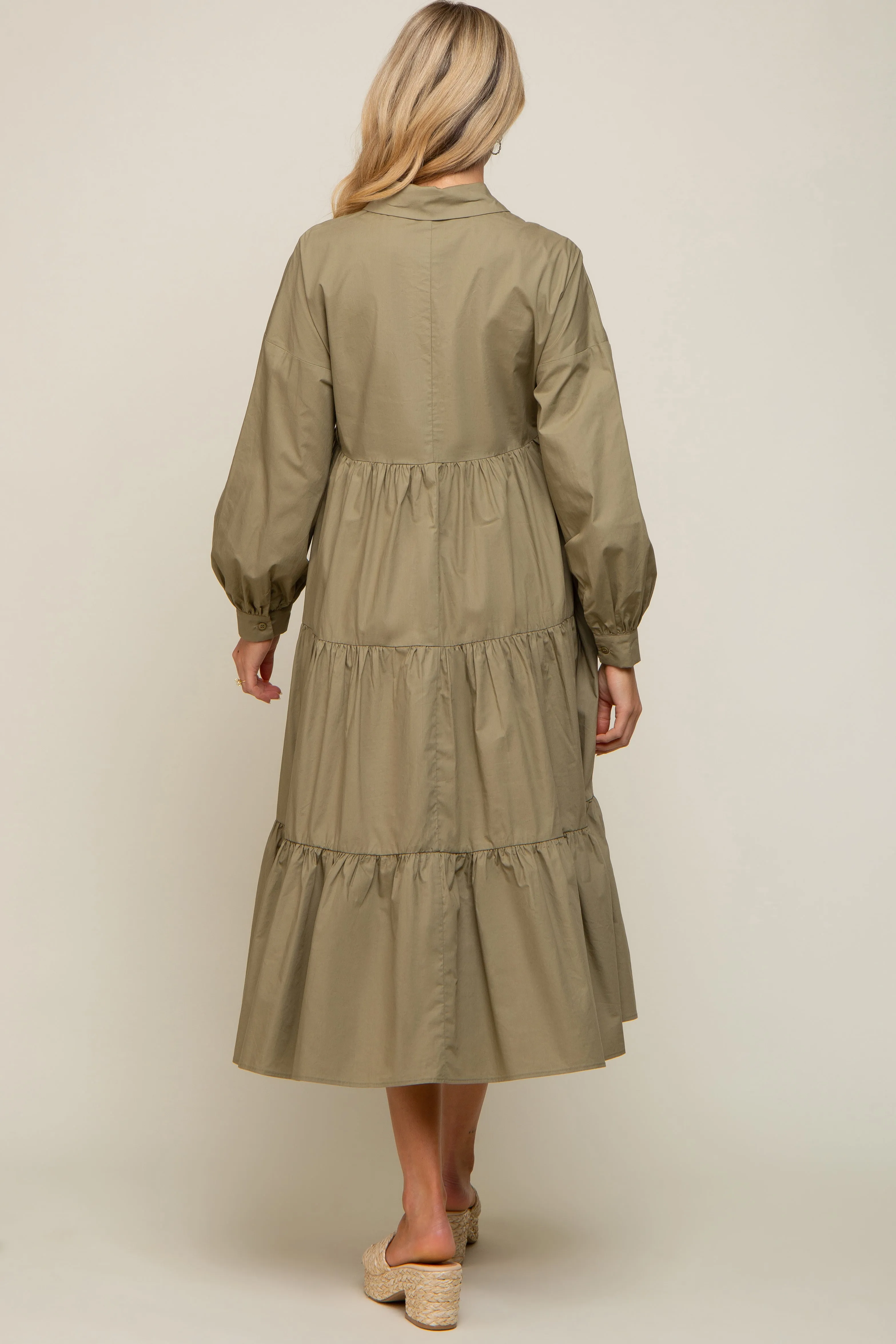 Olive Tiered Button Down Maternity Midi Dress sold by Pinkblush product image thumbnail 3