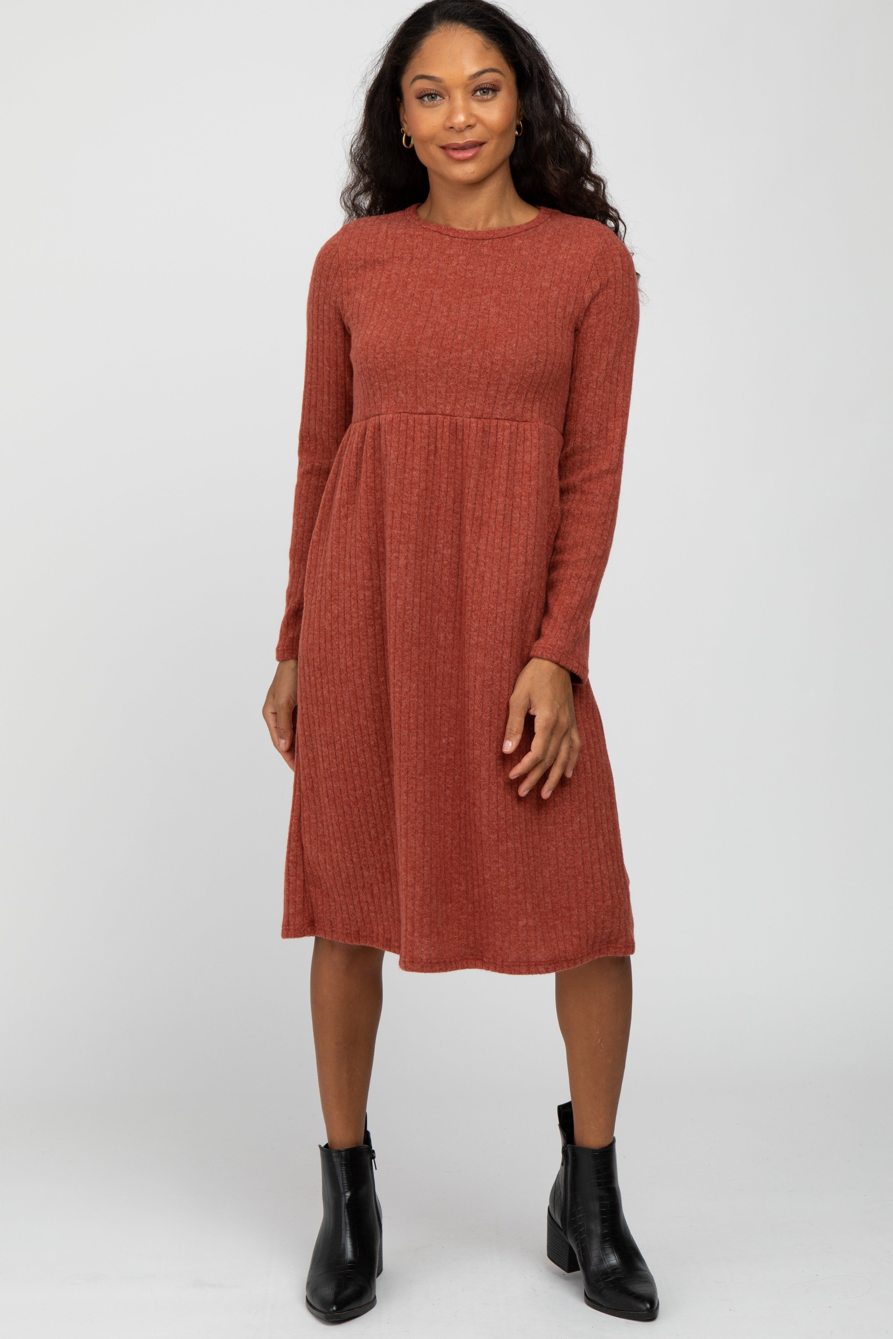 Rust Brushed Ribbed Knit Dress sold by Pinkblush