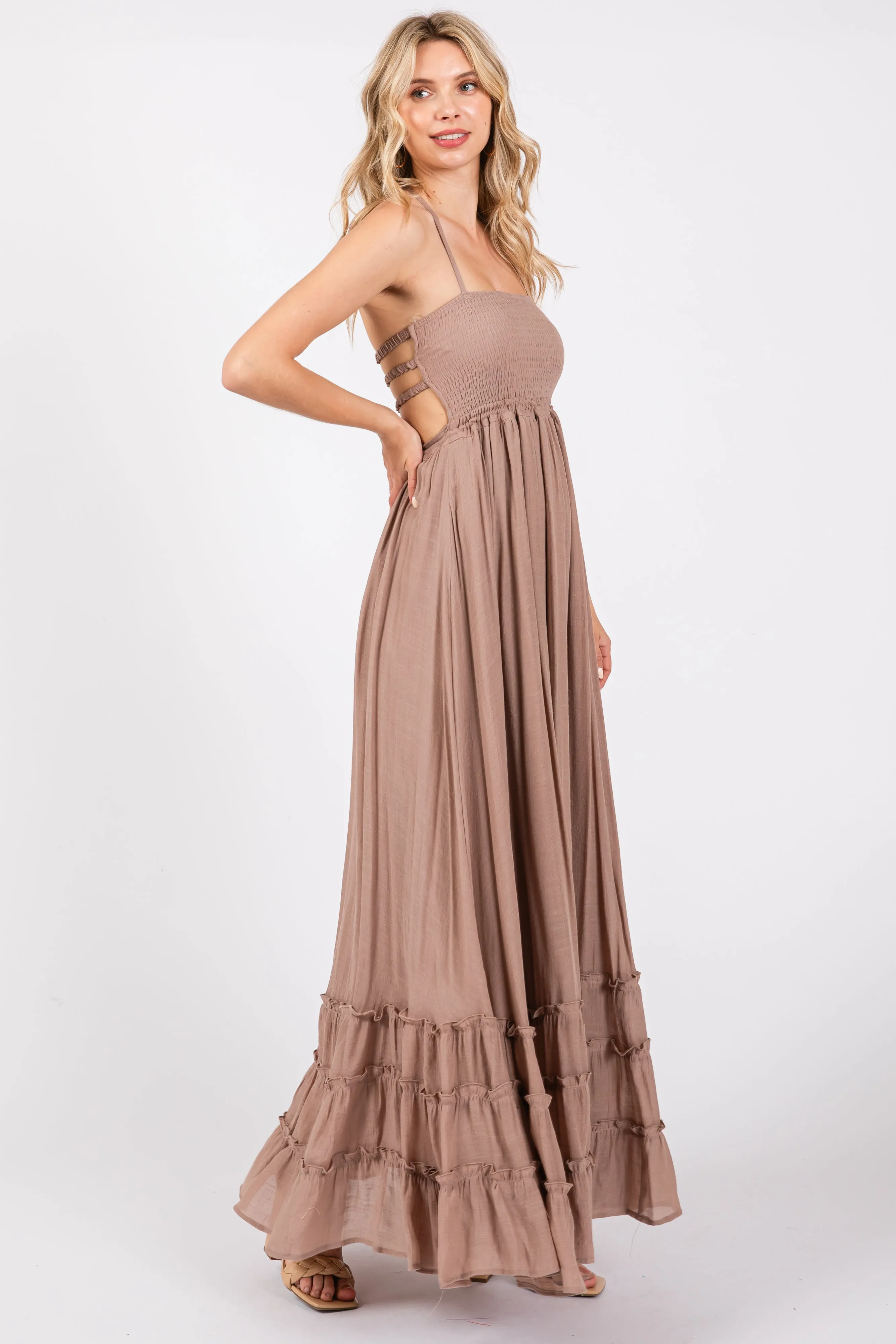 Taupe Smocked Halter Cutout Maxi Dress sold by Pinkblush product image thumbnail 2