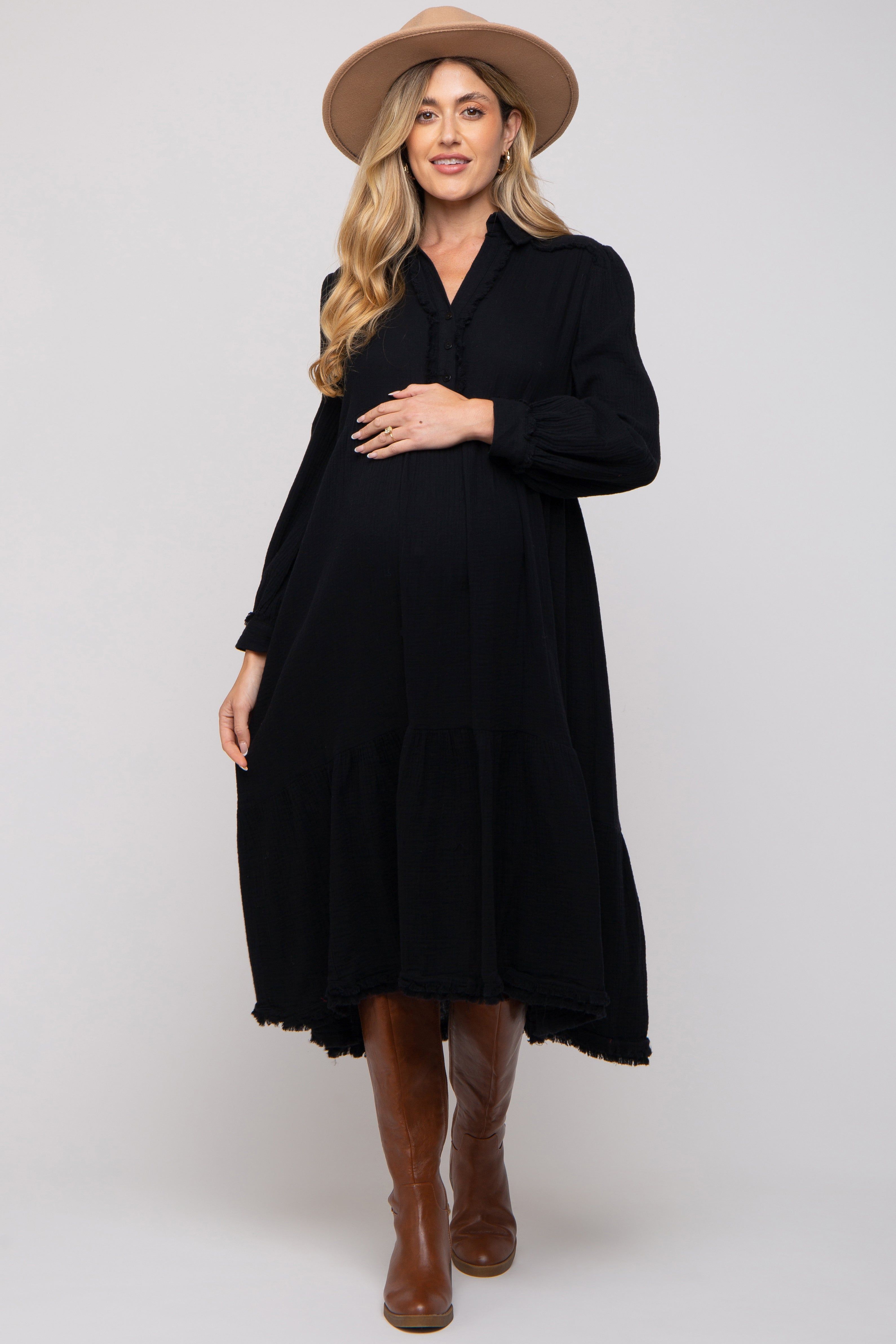 Black Fringe Maternity Midi Dress sold by Pinkblush product image thumbnail 4