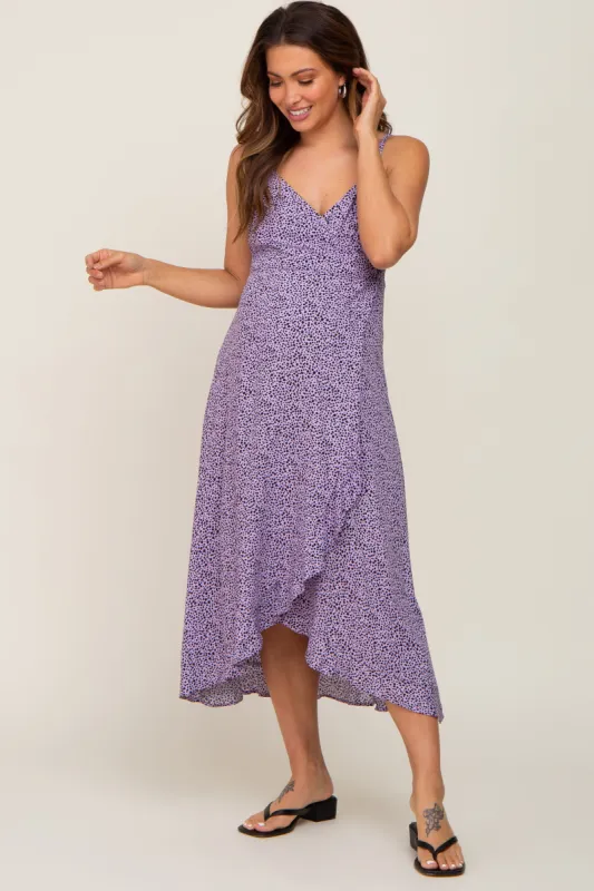 Lavender Animal Print Wrap Maternity Midi Dress sold by Pinkblush