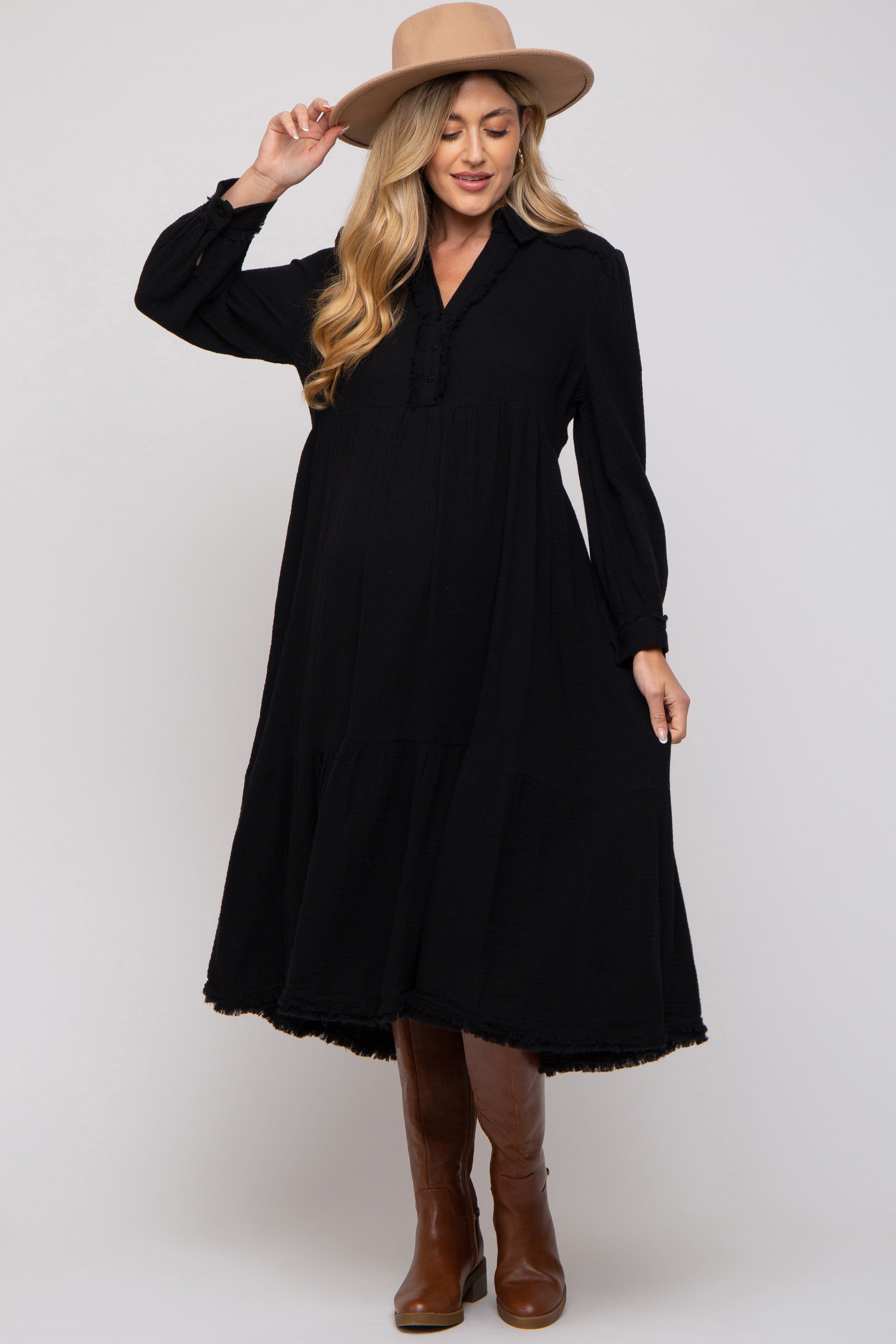 Black Fringe Maternity Midi Dress sold by Pinkblush