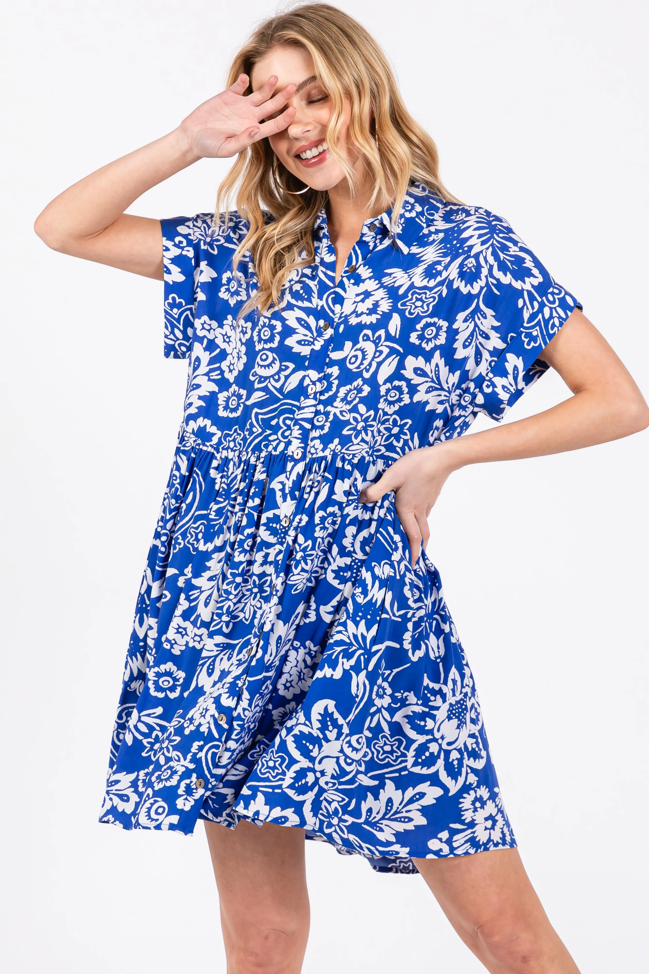 Royal Blue Floral Button Front Collared Maternity Dress sold by Pinkblush product image thumbnail 3