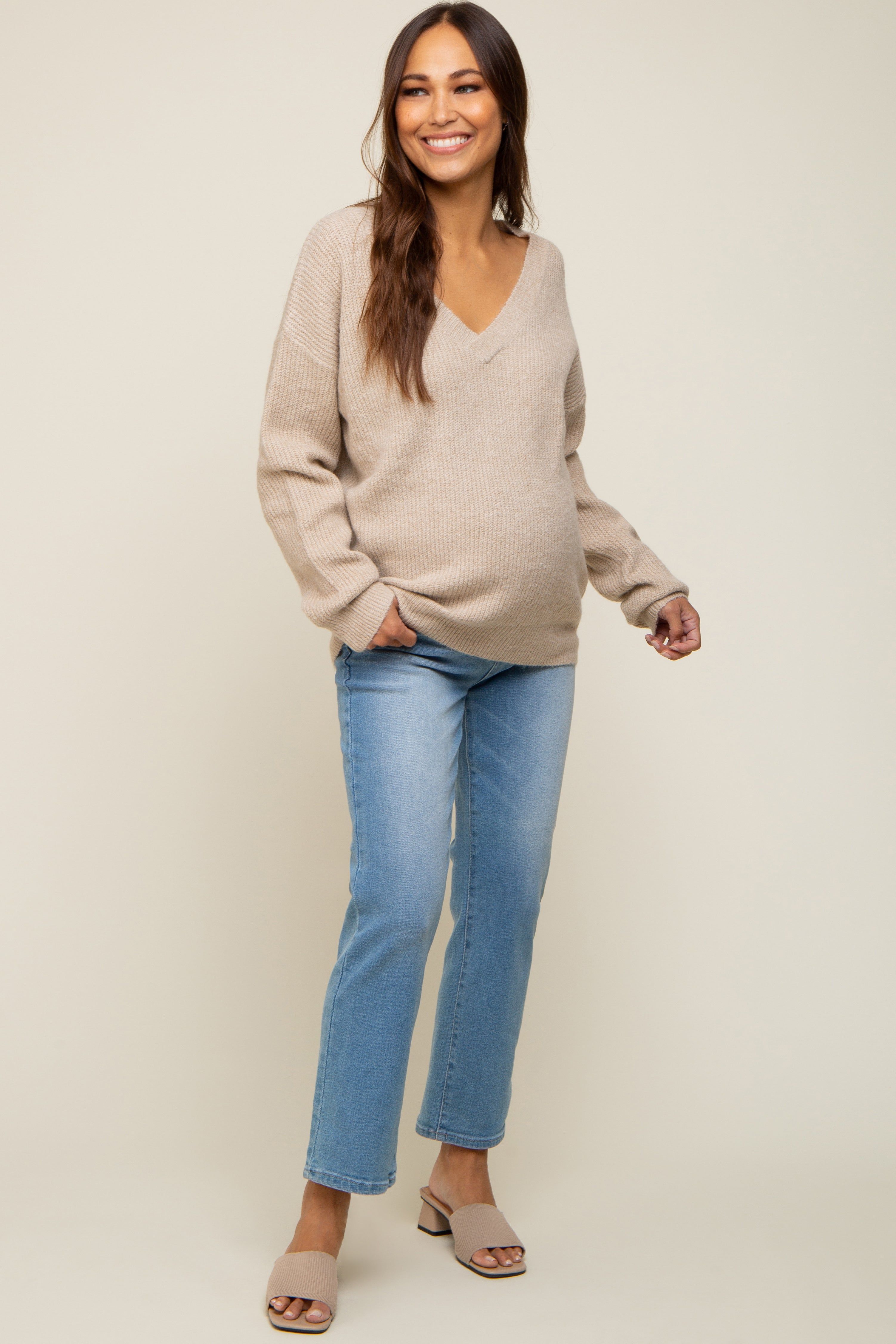 Taupe V-Neck Relaxed Fit Maternity Sweater sold by Pinkblush product image thumbnail 4