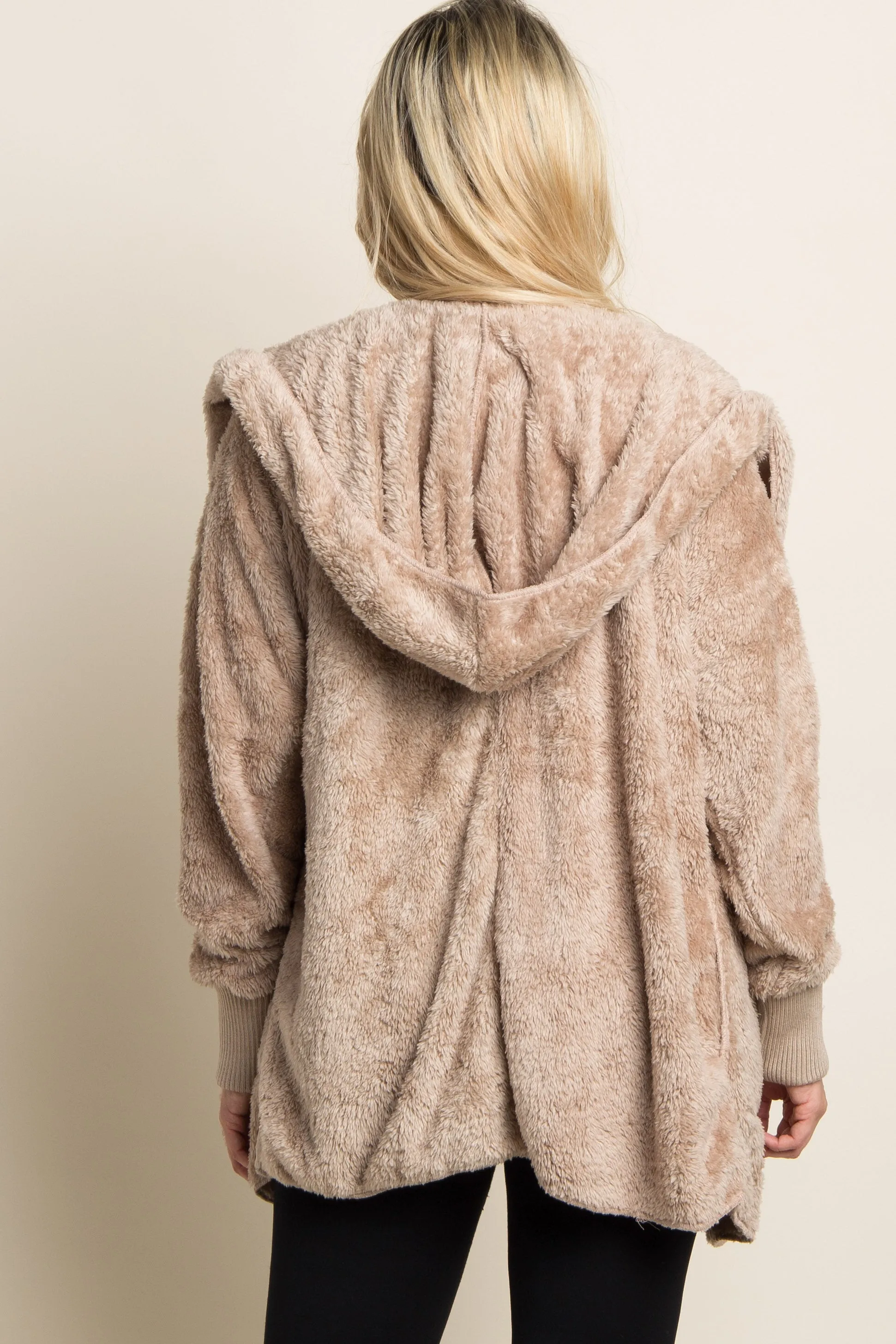 Taupe Fuzzy Hooded Long Sleeve Maternity Jacket sold by Pinkblush product image thumbnail 3