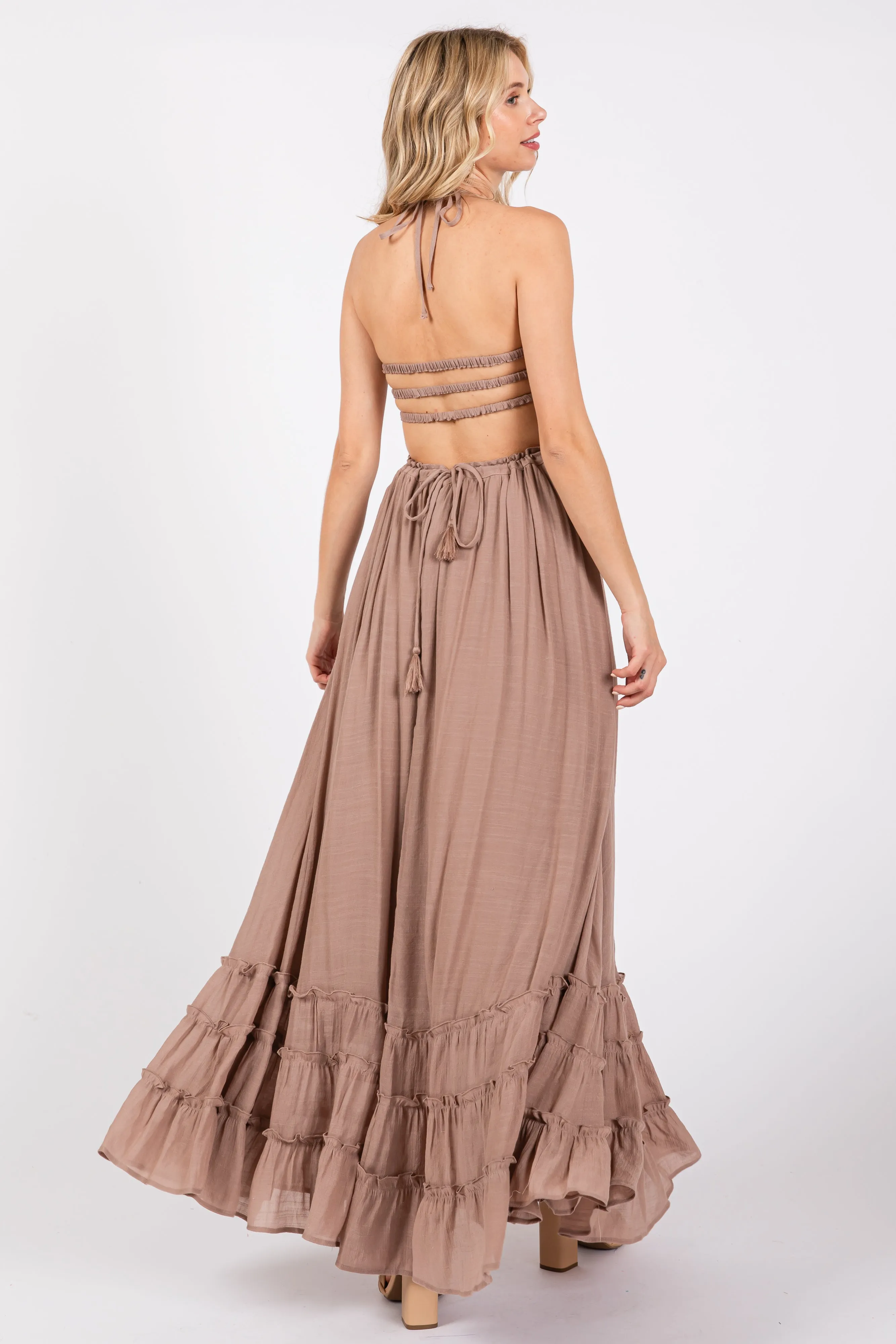 Taupe Smocked Halter Cutout Maxi Dress sold by Pinkblush product image thumbnail 3
