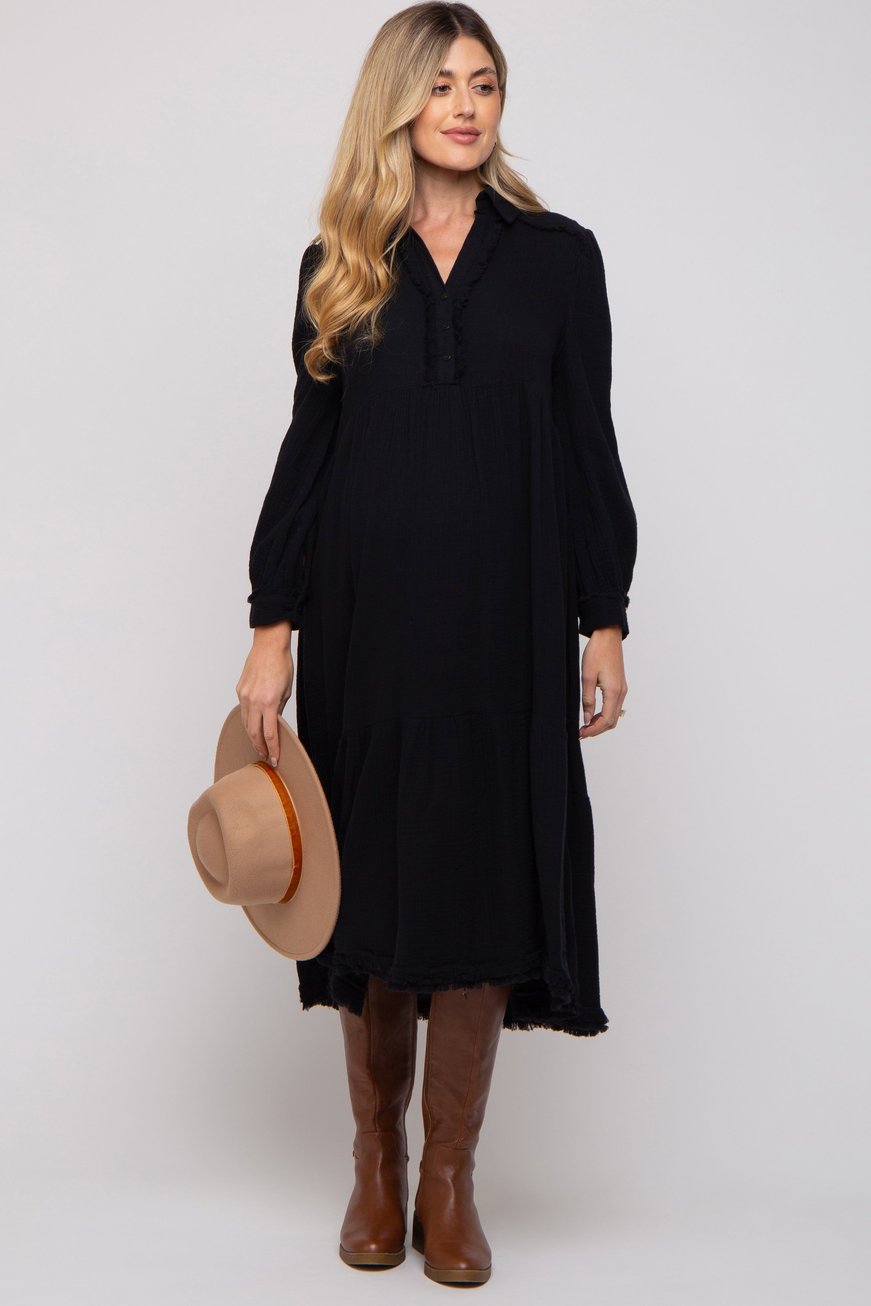 Black Fringe Maternity Midi Dress sold by Pinkblush product image thumbnail 5