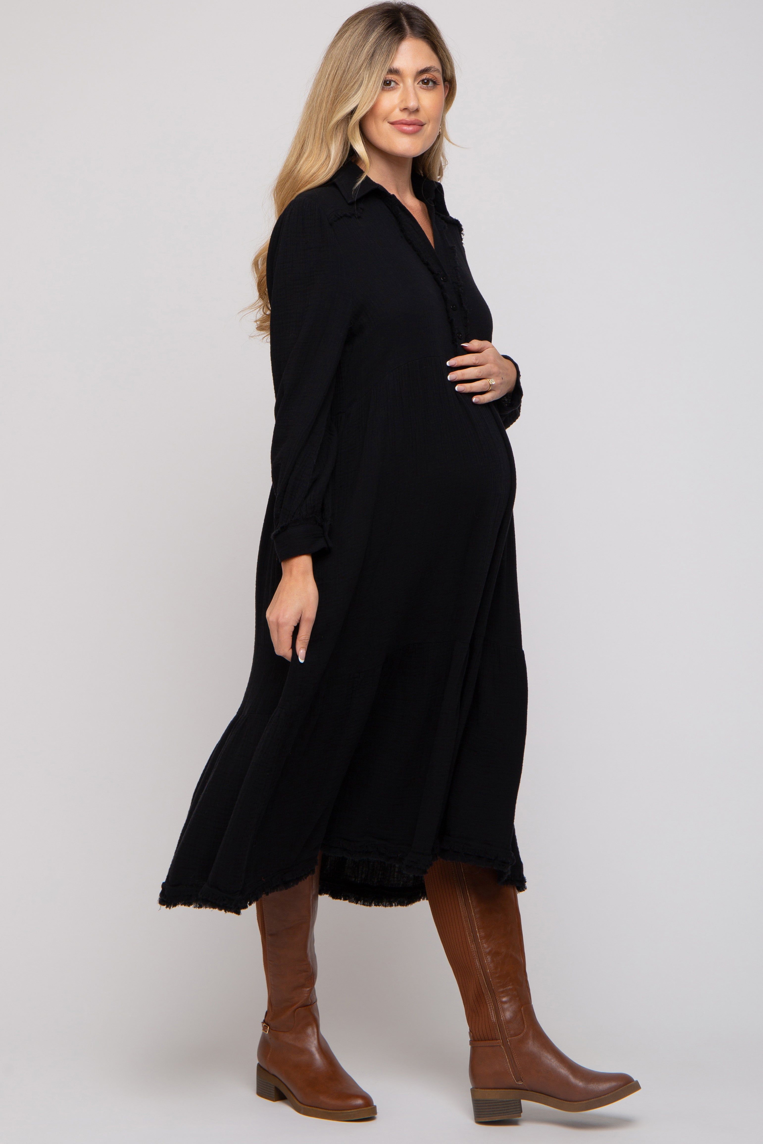 Black Fringe Maternity Midi Dress sold by Pinkblush product image thumbnail 2
