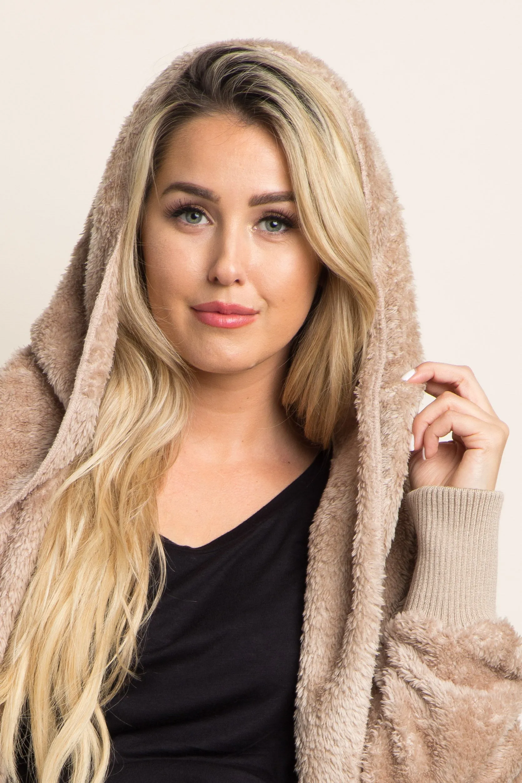 Taupe Fuzzy Hooded Long Sleeve Maternity Jacket sold by Pinkblush product image thumbnail 4