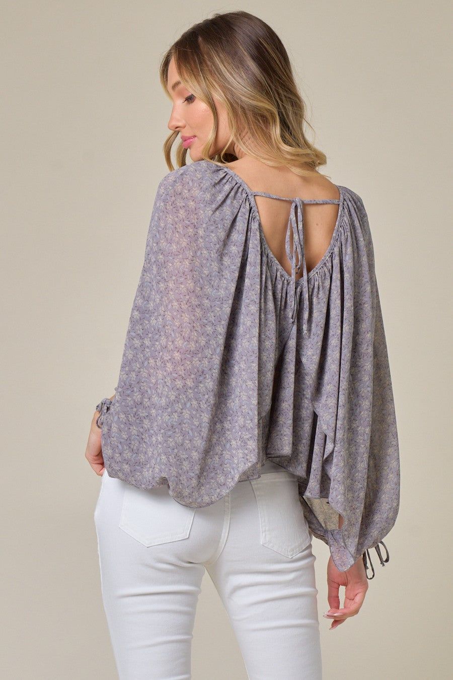 Grey Floral Printed Balloon Top W/ String Detail sold by Pinkblush product image thumbnail 3