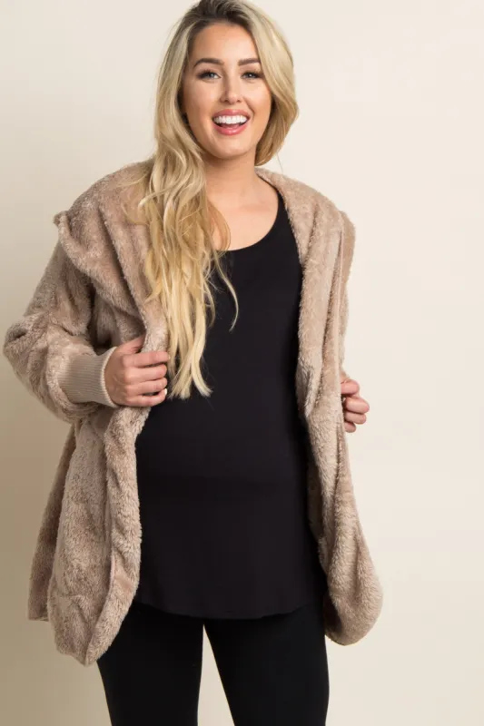 Taupe Fuzzy Hooded Long Sleeve Maternity Jacket sold by Pinkblush