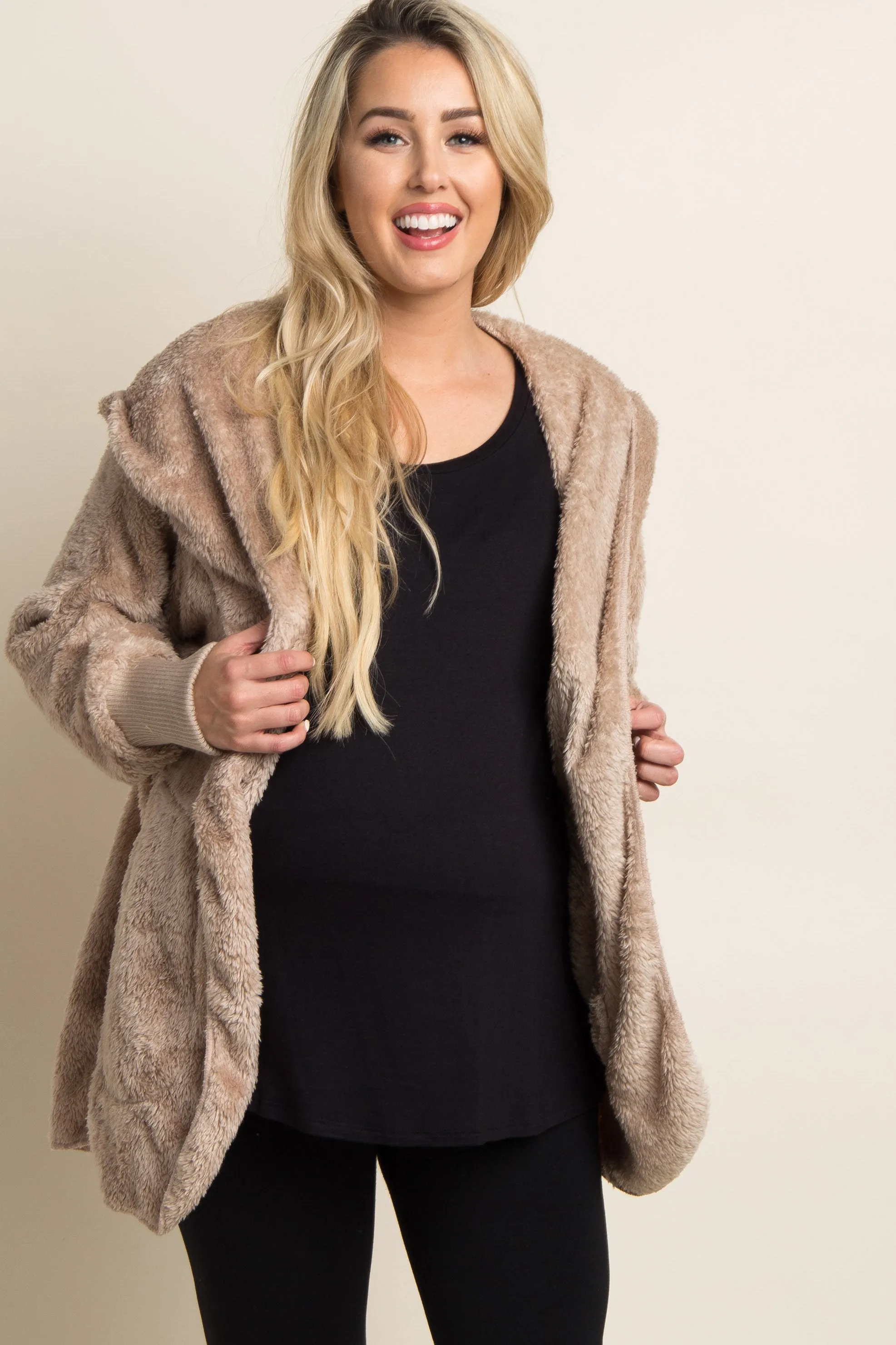 Taupe Fuzzy Hooded Long Sleeve Maternity Jacket sold by Pinkblush
