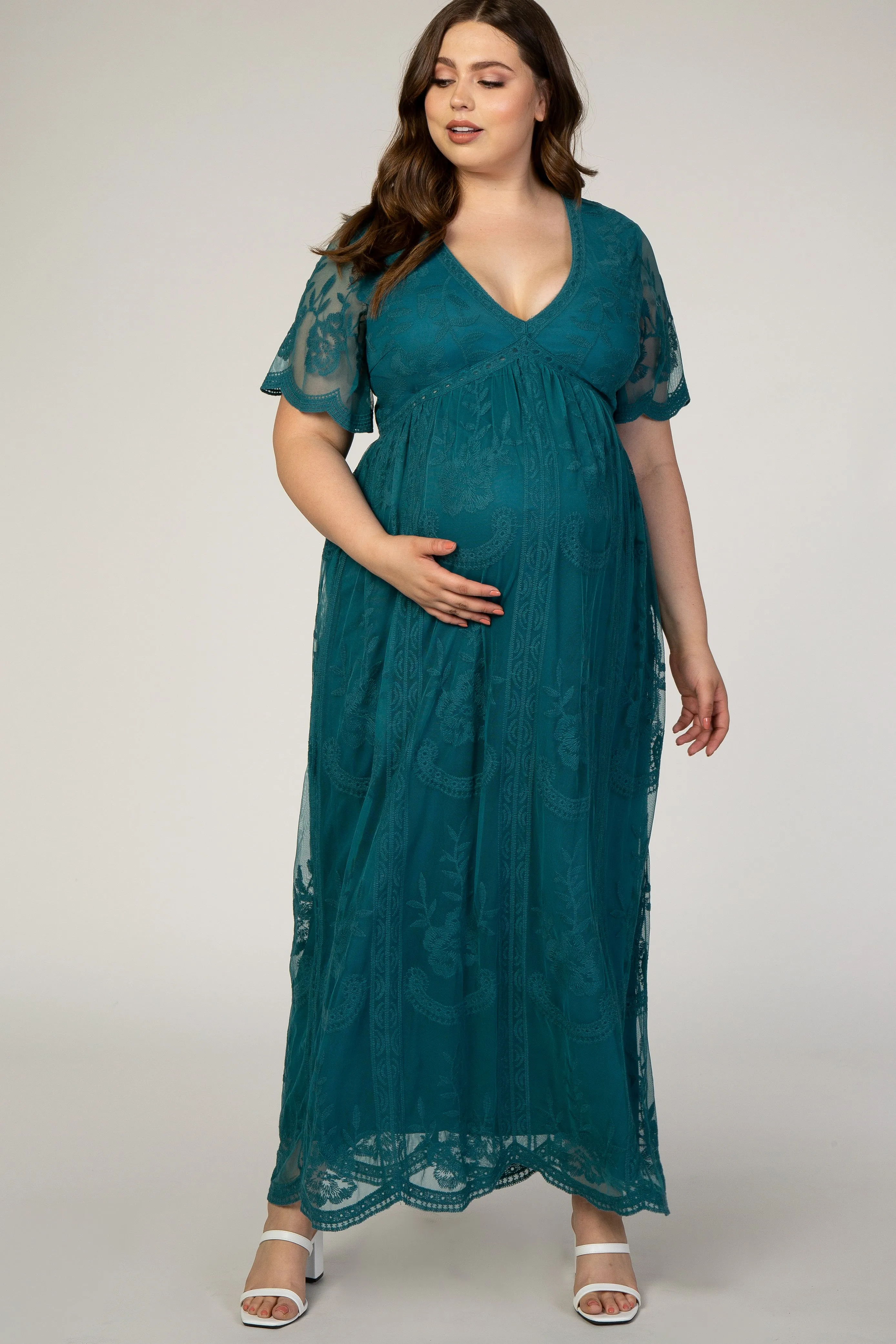 PinkBlush Teal Lace Mesh Overlay Plus Maternity Maxi Dress sold by Pinkblush