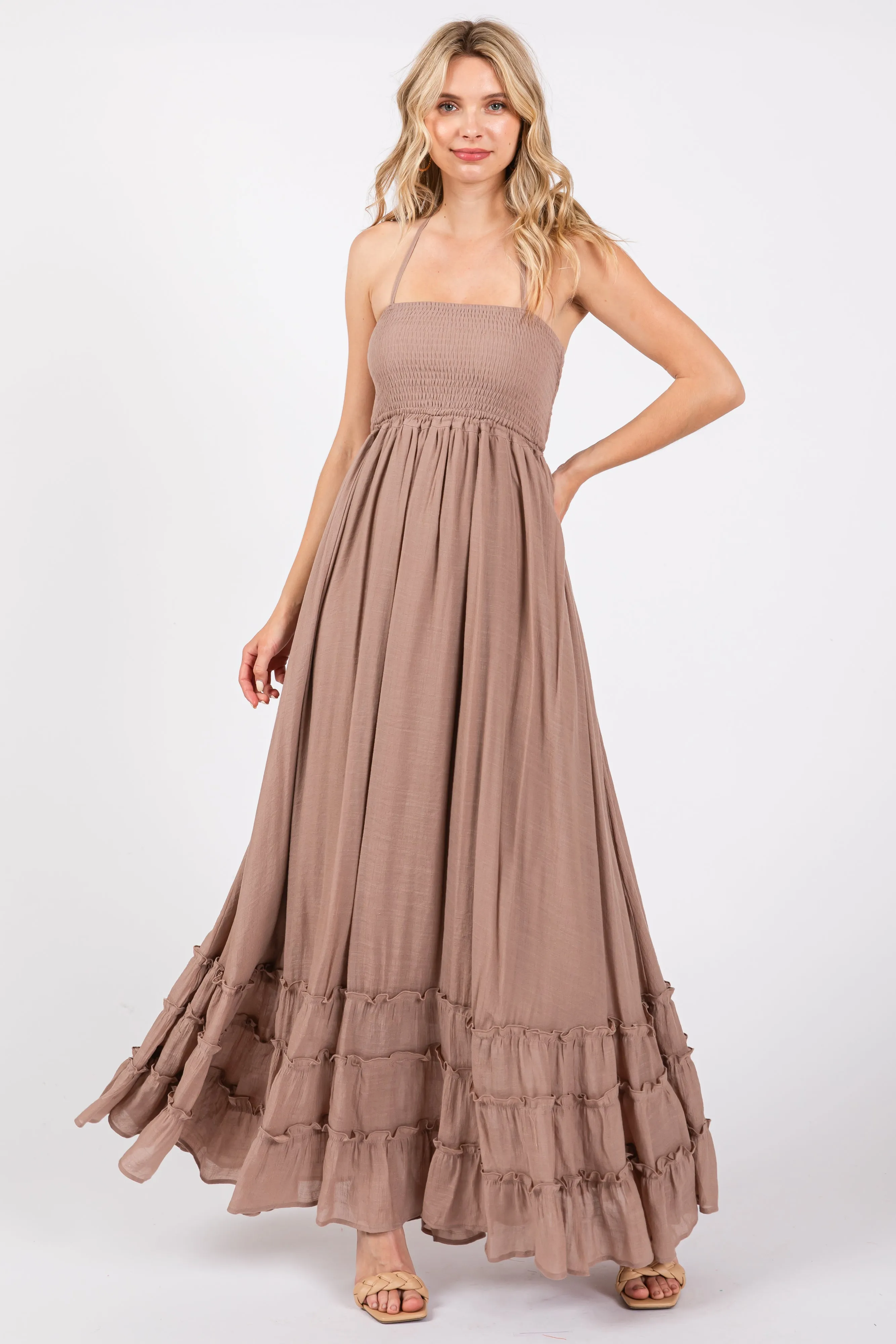 Taupe Smocked Halter Cutout Maxi Dress sold by Pinkblush