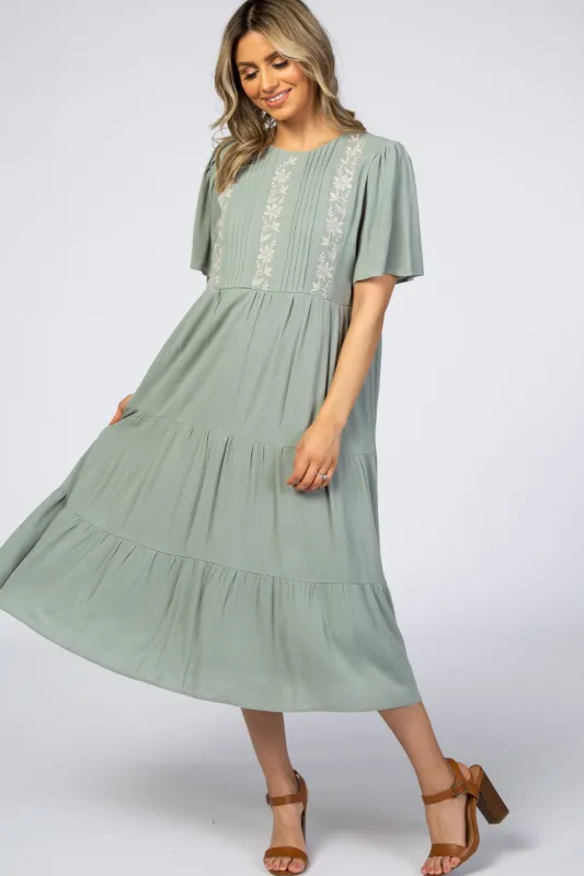 Light Olive Floral Embroidered Tiered Midi Dress sold by Pinkblush