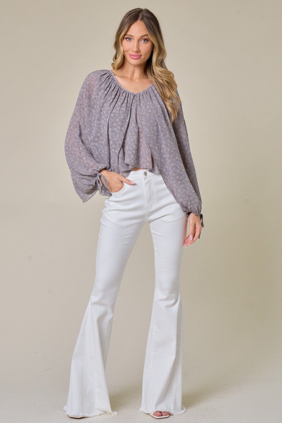 Grey Floral Printed Balloon Top W/ String Detail sold by Pinkblush product image thumbnail 4