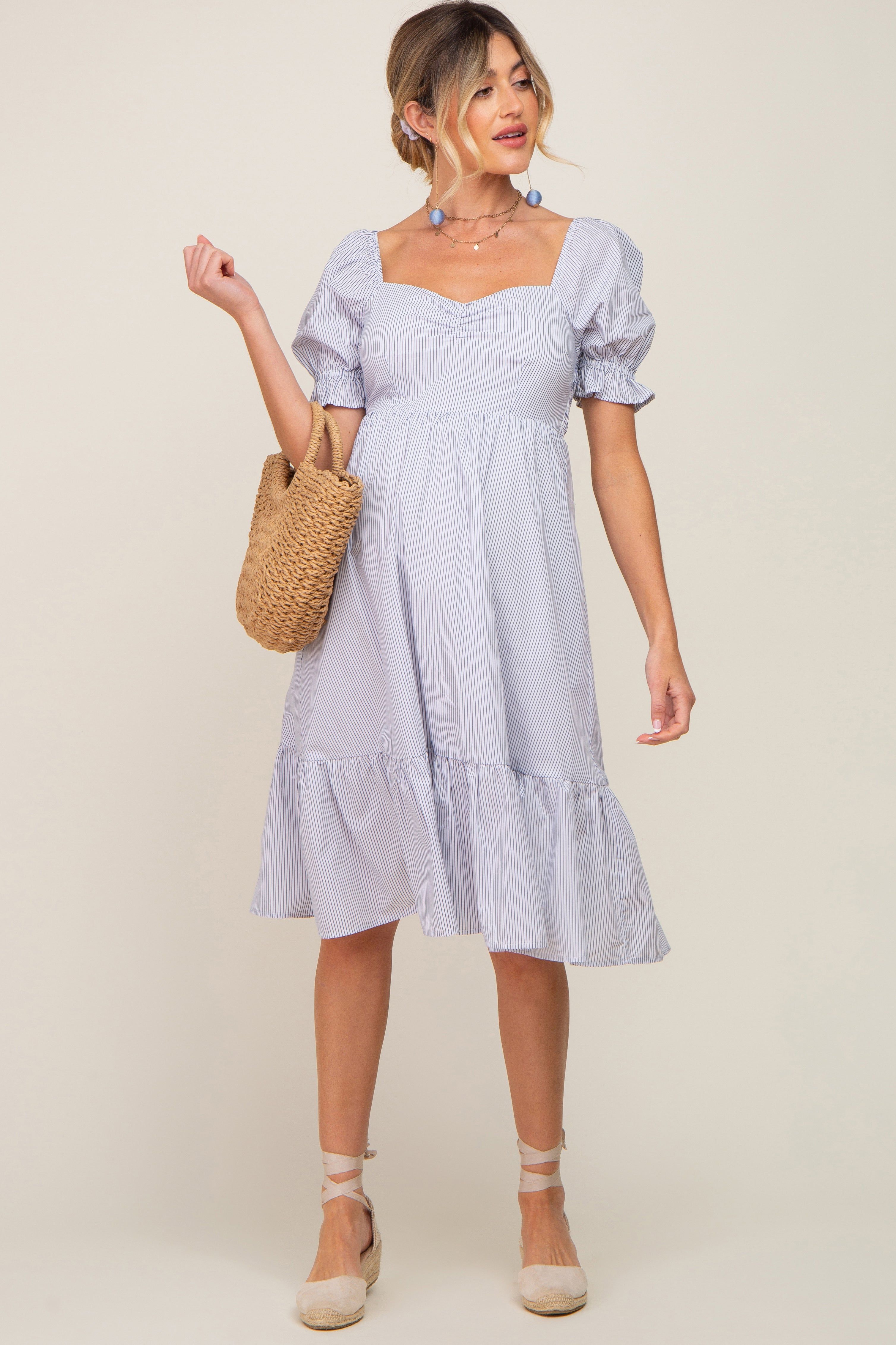 Light Blue Pinstriped Sweetheart Neck Maternity Midi Dress sold by Pinkblush