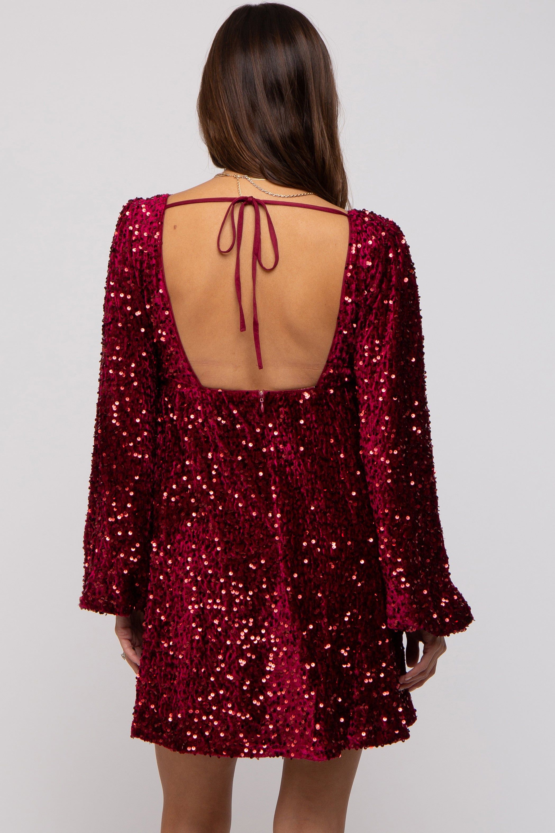 Burgundy Sequin Velour Front Tie Maternity Mini Dress sold by Pinkblush product image thumbnail 3