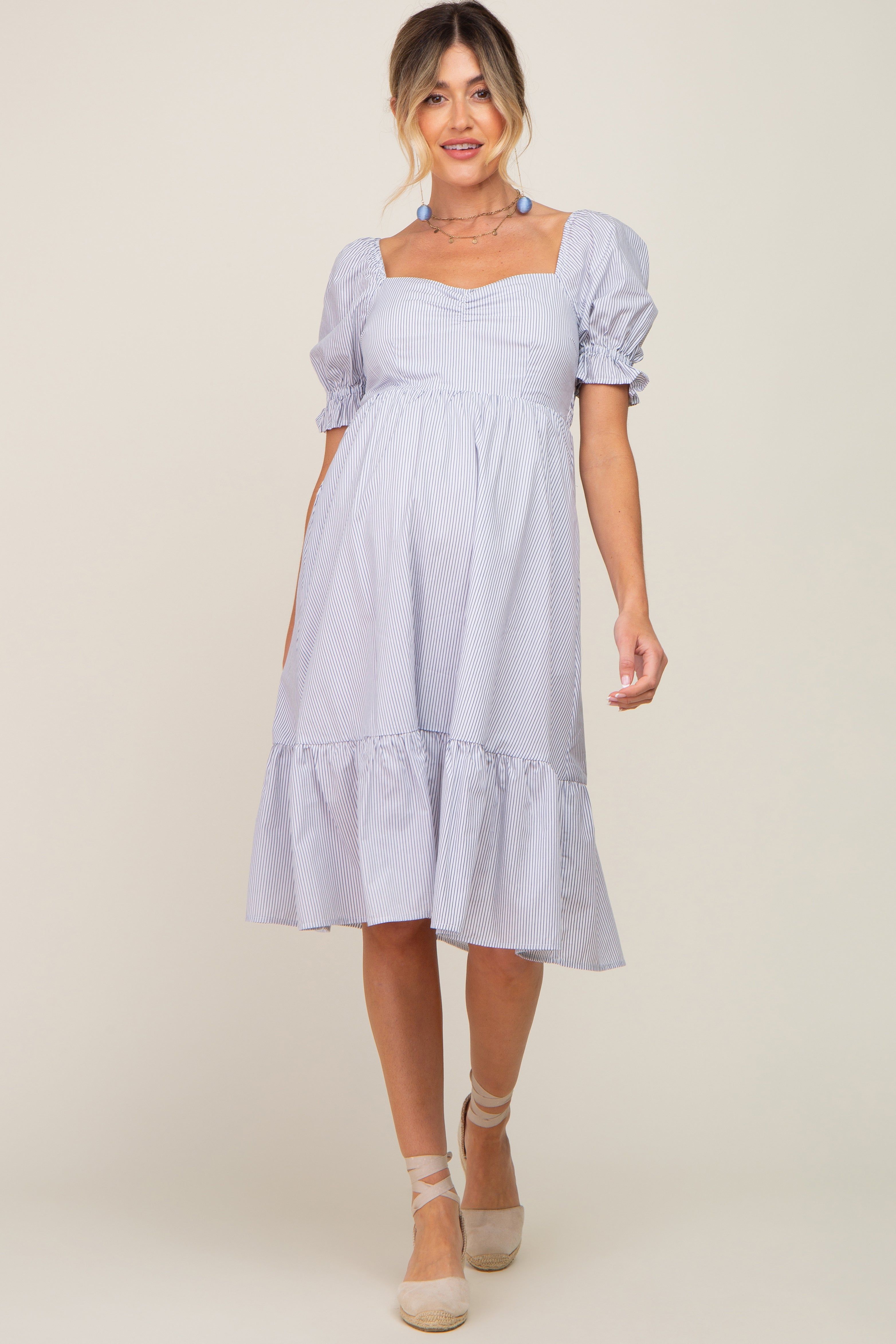 Light Blue Pinstriped Sweetheart Neck Maternity Midi Dress sold by Pinkblush product image thumbnail 5