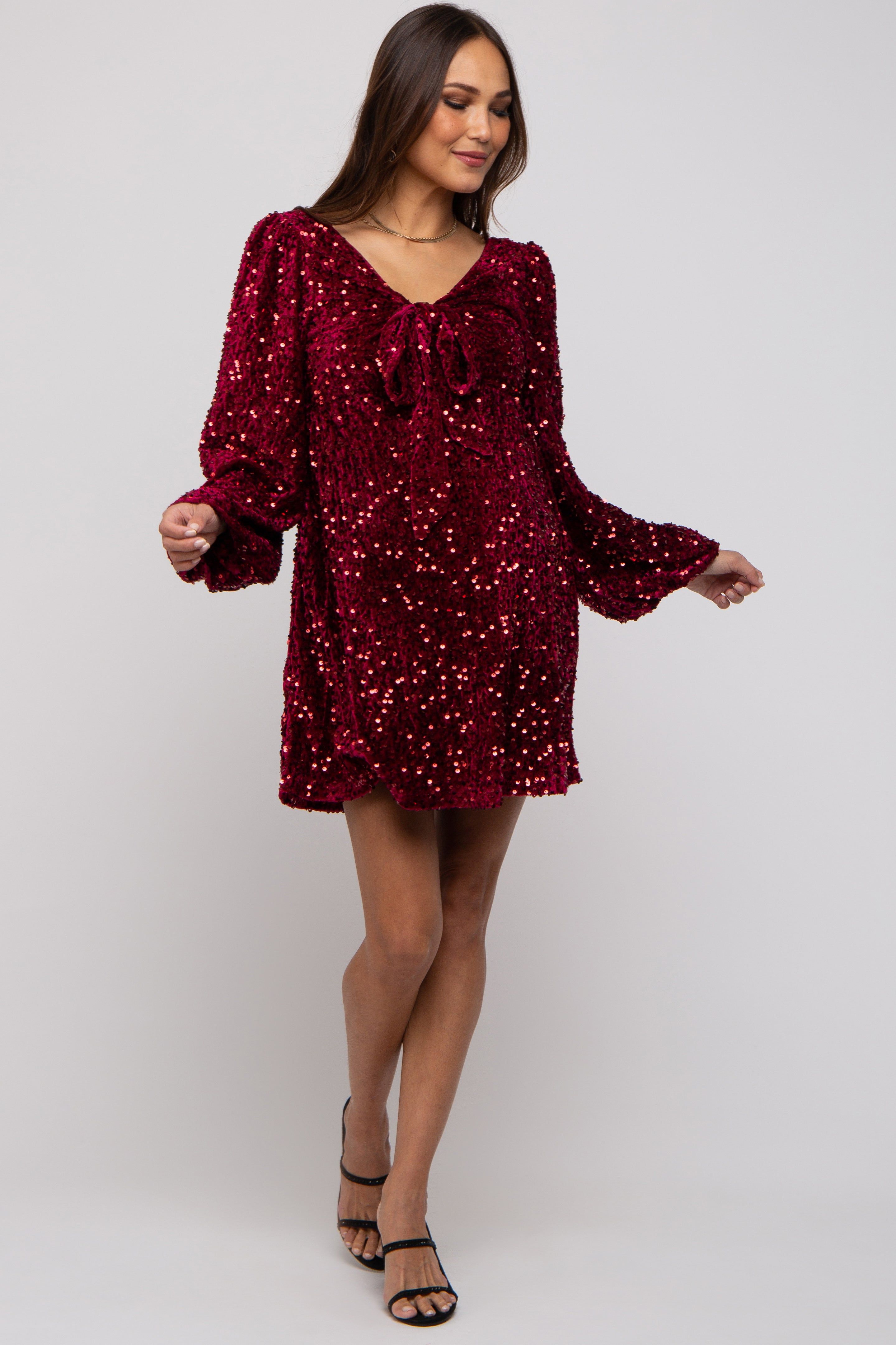 Burgundy Sequin Velour Front Tie Maternity Mini Dress sold by Pinkblush