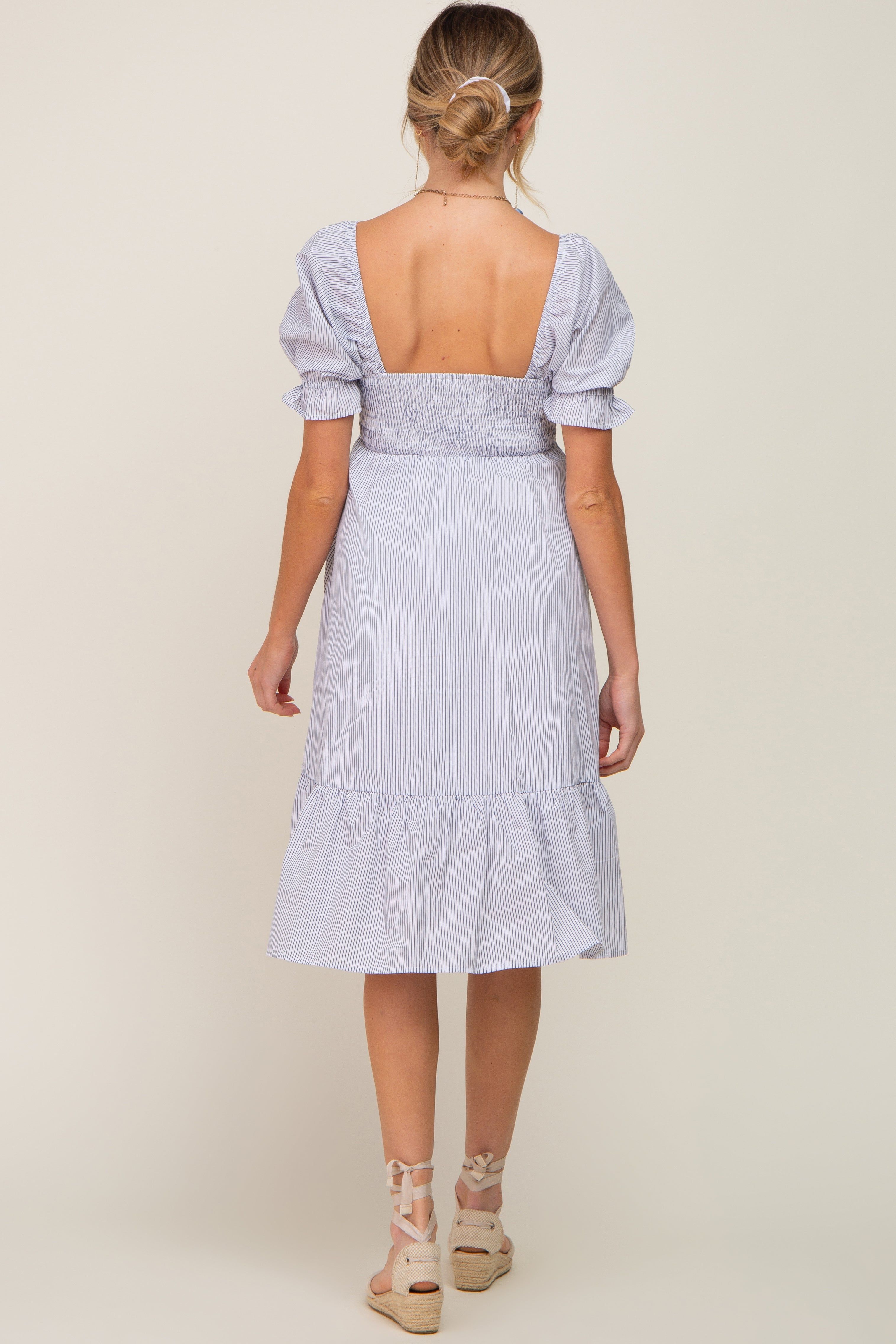 Light Blue Pinstriped Sweetheart Neck Maternity Midi Dress sold by Pinkblush product image thumbnail 3