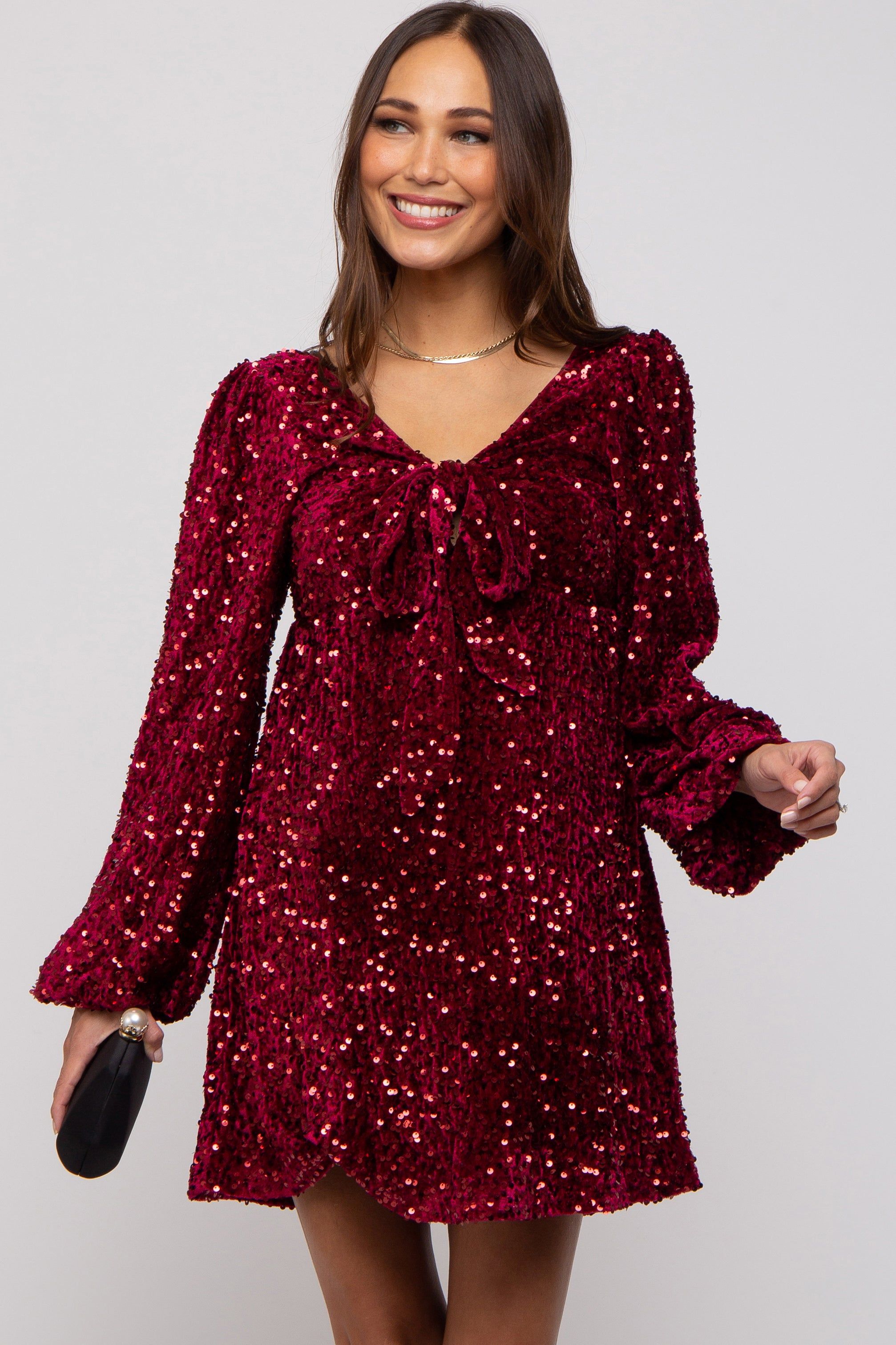Burgundy Sequin Velour Front Tie Maternity Mini Dress sold by Pinkblush product image thumbnail 2