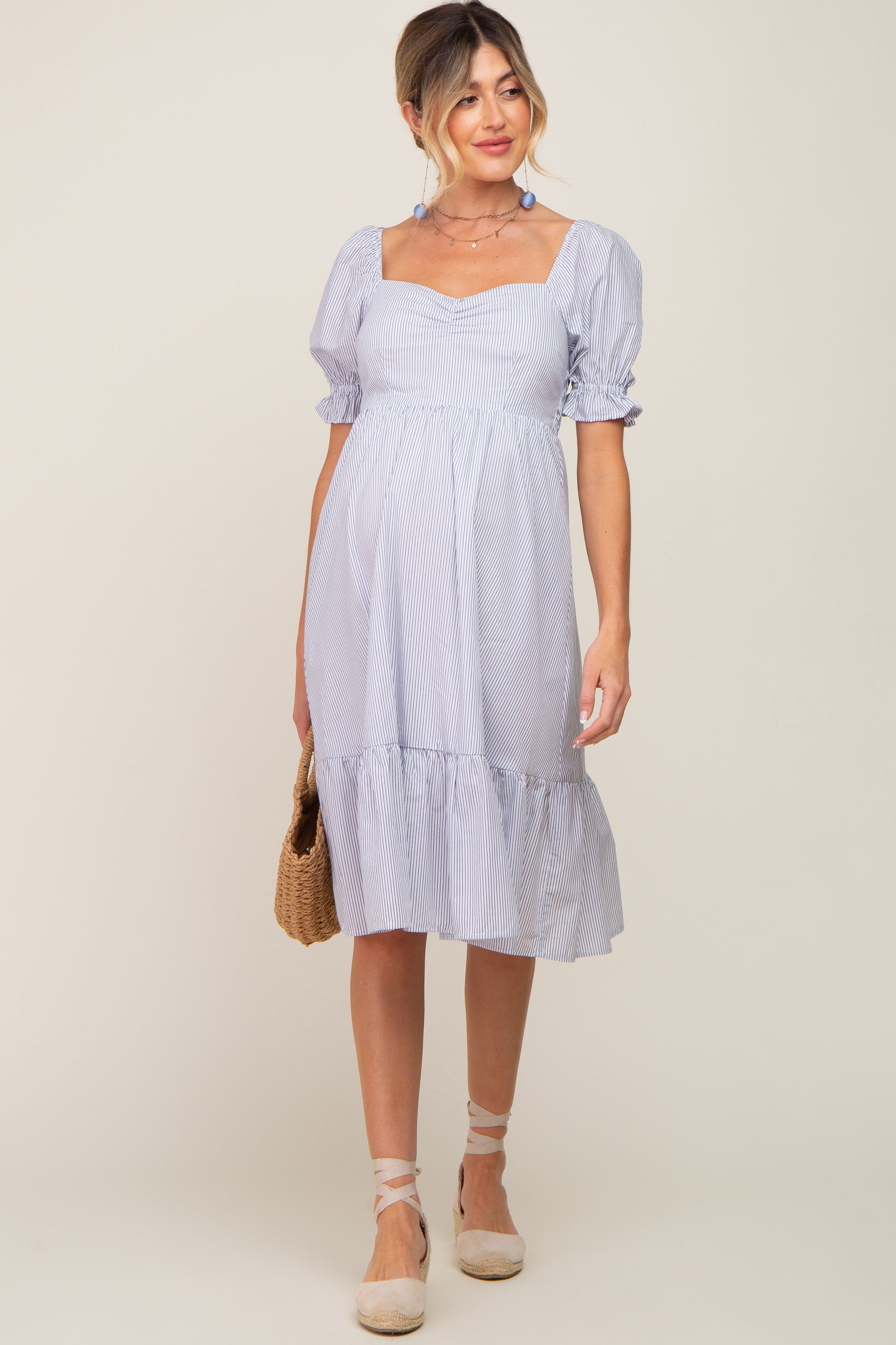 Light Blue Pinstriped Sweetheart Neck Maternity Midi Dress sold by Pinkblush product image thumbnail 4