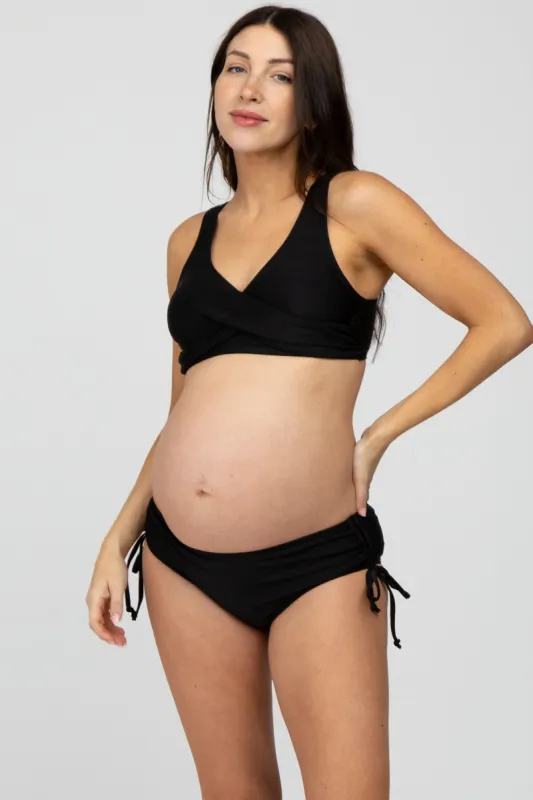 Black Cross Front Drawstring Side Two-Piece Maternity Bikini Set sold by Pinkblush