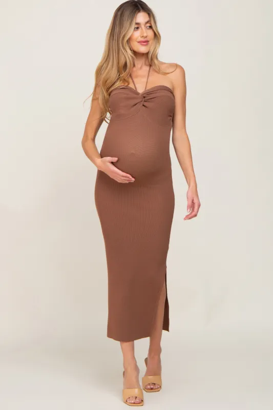 Brown Front Twist Halter Maternity Maxi Dress sold by Pinkblush
