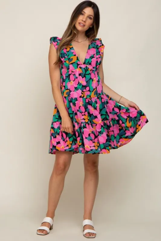 Black Floral V-Neck Ruffle Shoulder Tiered Maternity Dress sold by Pinkblush
