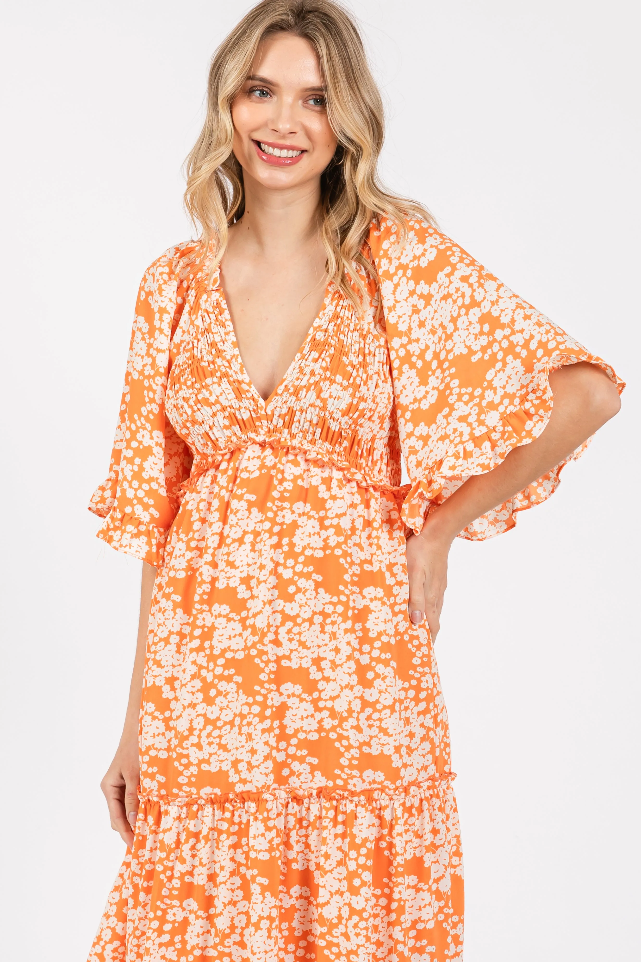 Orange Floral Smocked V-Neck Ruffle Tiered Maxi Dress sold by Pinkblush product image thumbnail 4
