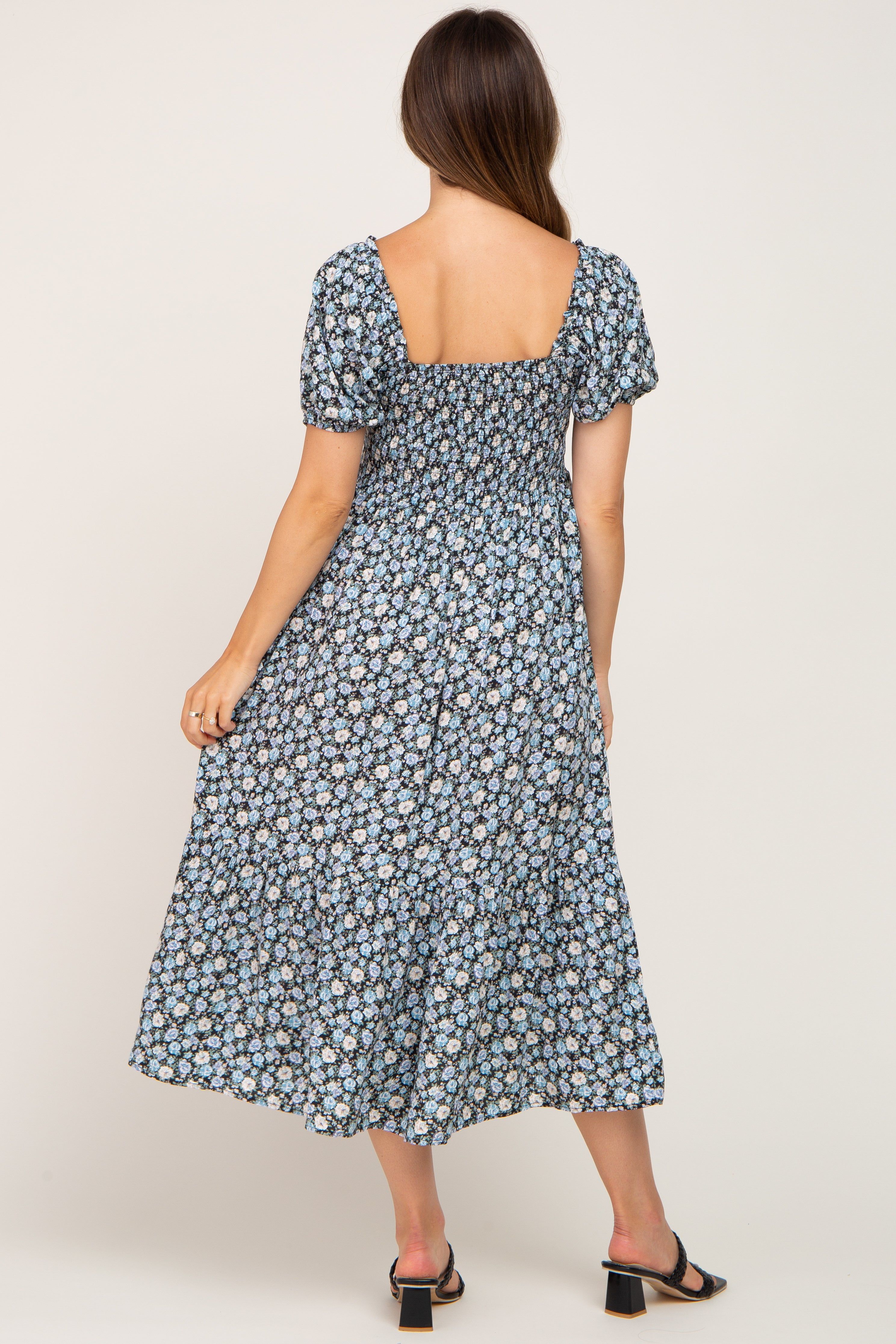 Black Floral Smocked Puff Sleeve Maternity Midi Dress sold by Pinkblush product image thumbnail 3