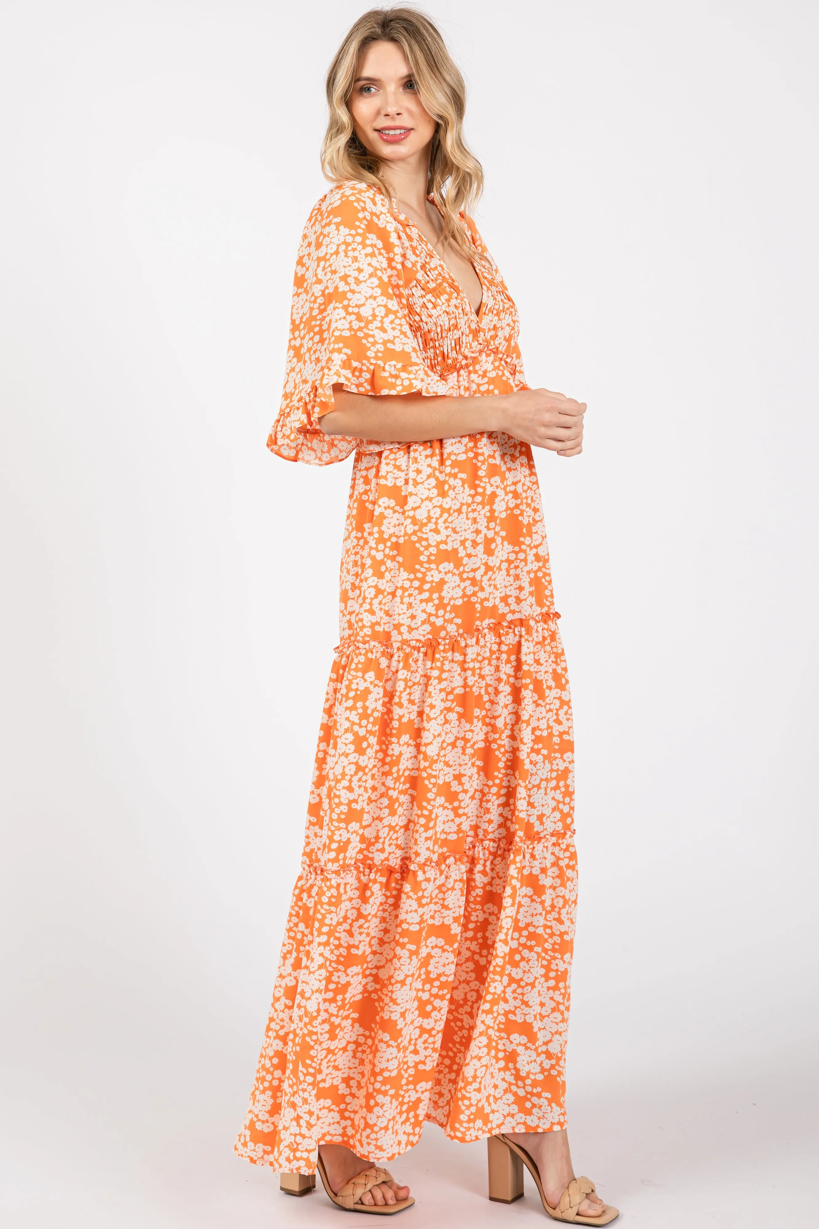 Orange Floral Smocked V-Neck Ruffle Tiered Maxi Dress sold by Pinkblush product image thumbnail 2