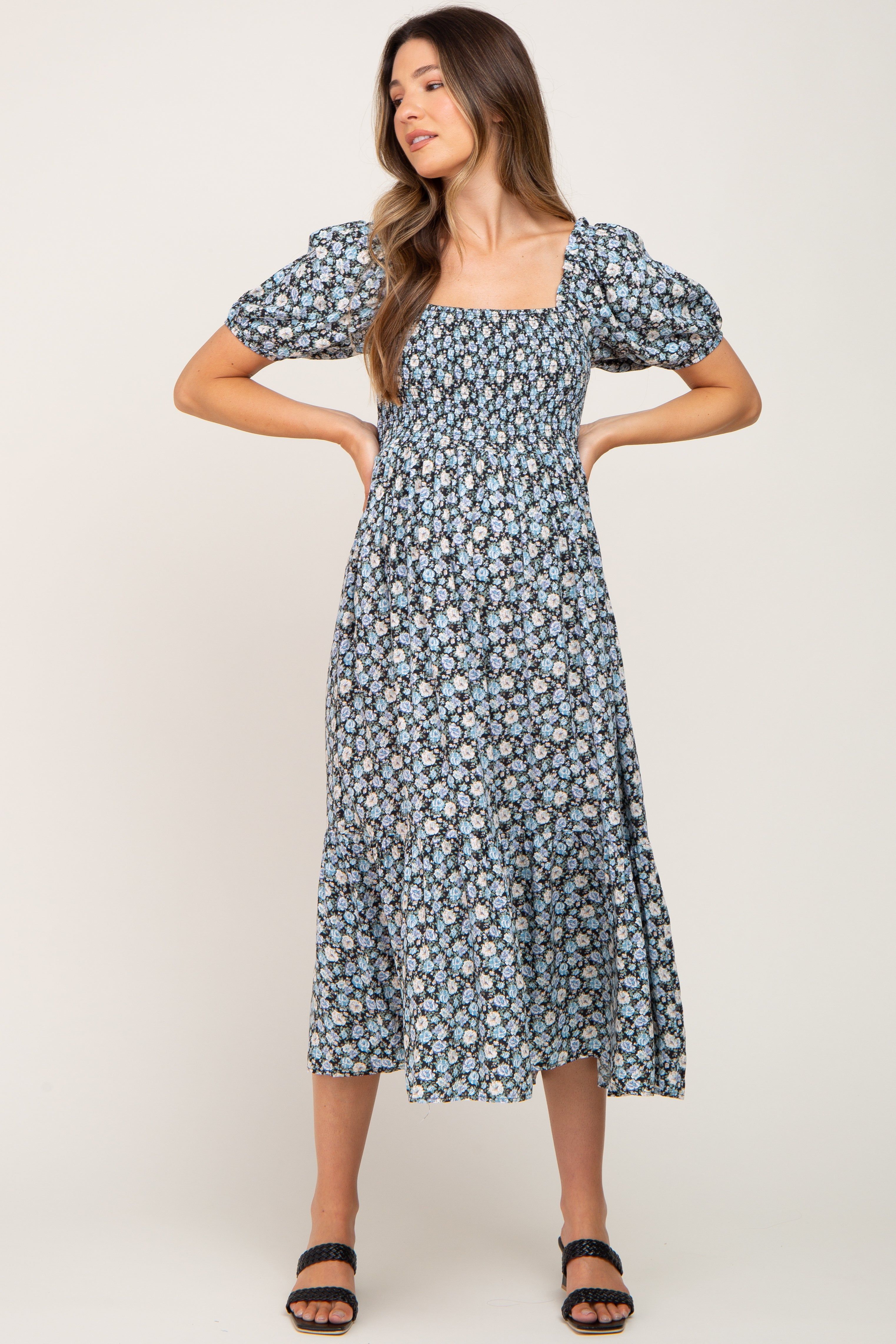 Black Floral Smocked Puff Sleeve Maternity Midi Dress sold by Pinkblush