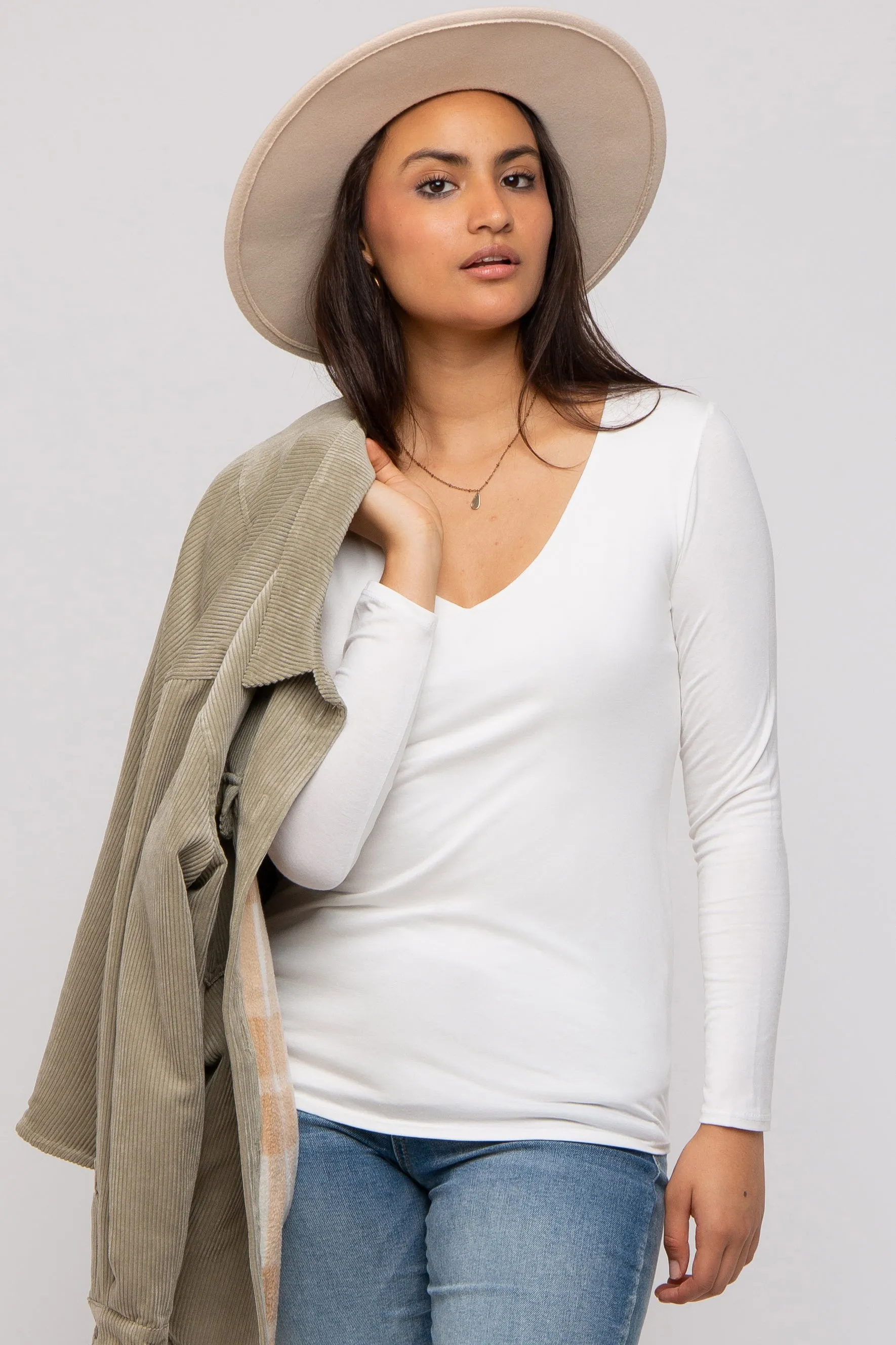 Ivory V-Neck Long Sleeve Top sold by Pinkblush