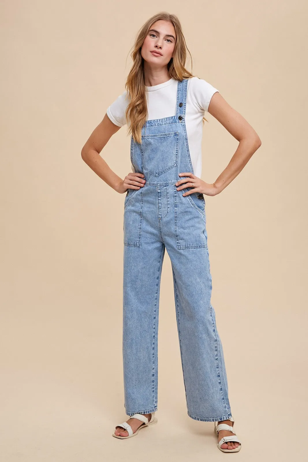 Light Denim Soft Mineral Wash Straight Wide Leg Overall Jeans sold by Pinkblush
