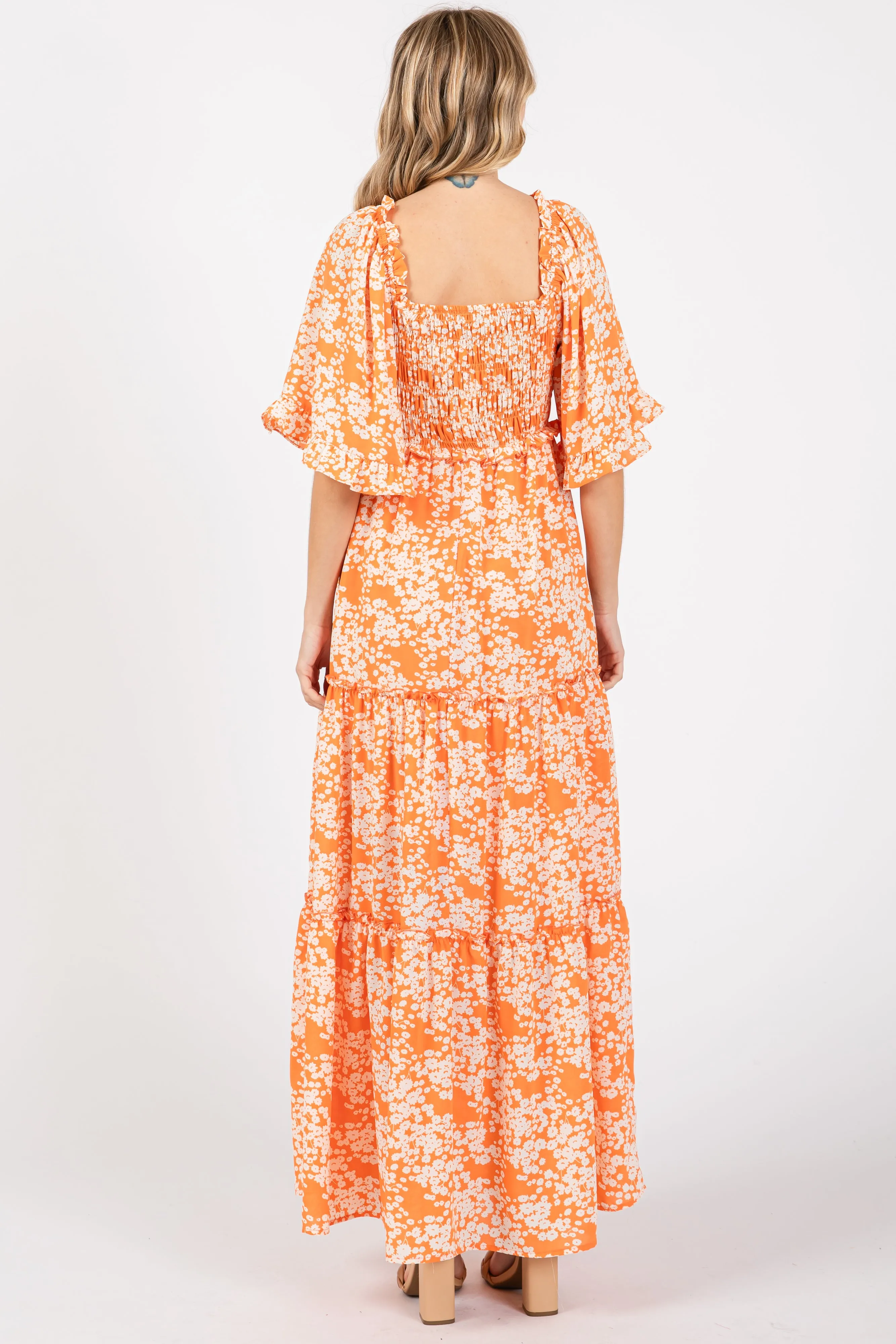 Orange Floral Smocked V-Neck Ruffle Tiered Maxi Dress sold by Pinkblush product image thumbnail 3