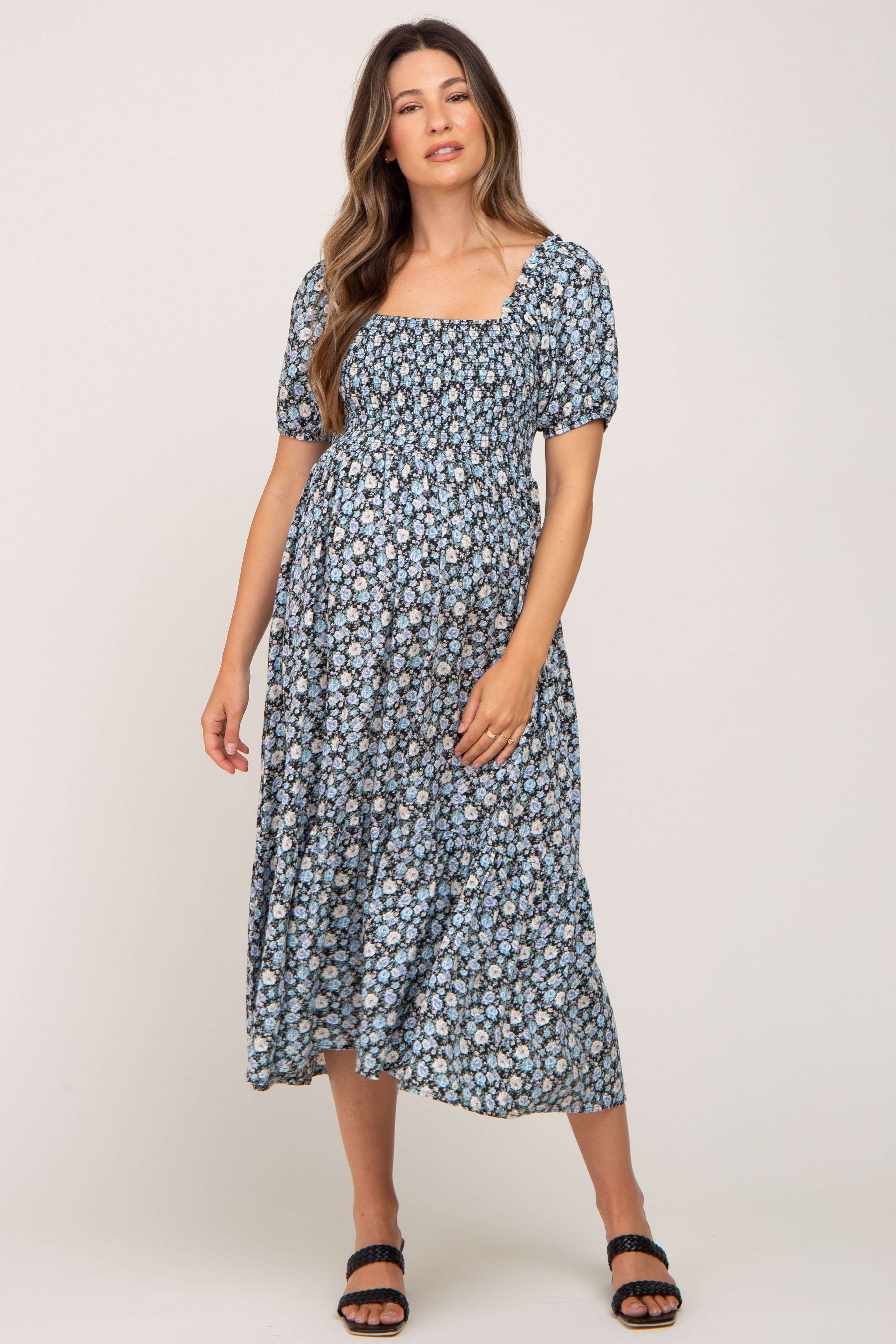Black Floral Smocked Puff Sleeve Maternity Midi Dress sold by Pinkblush product image thumbnail 5