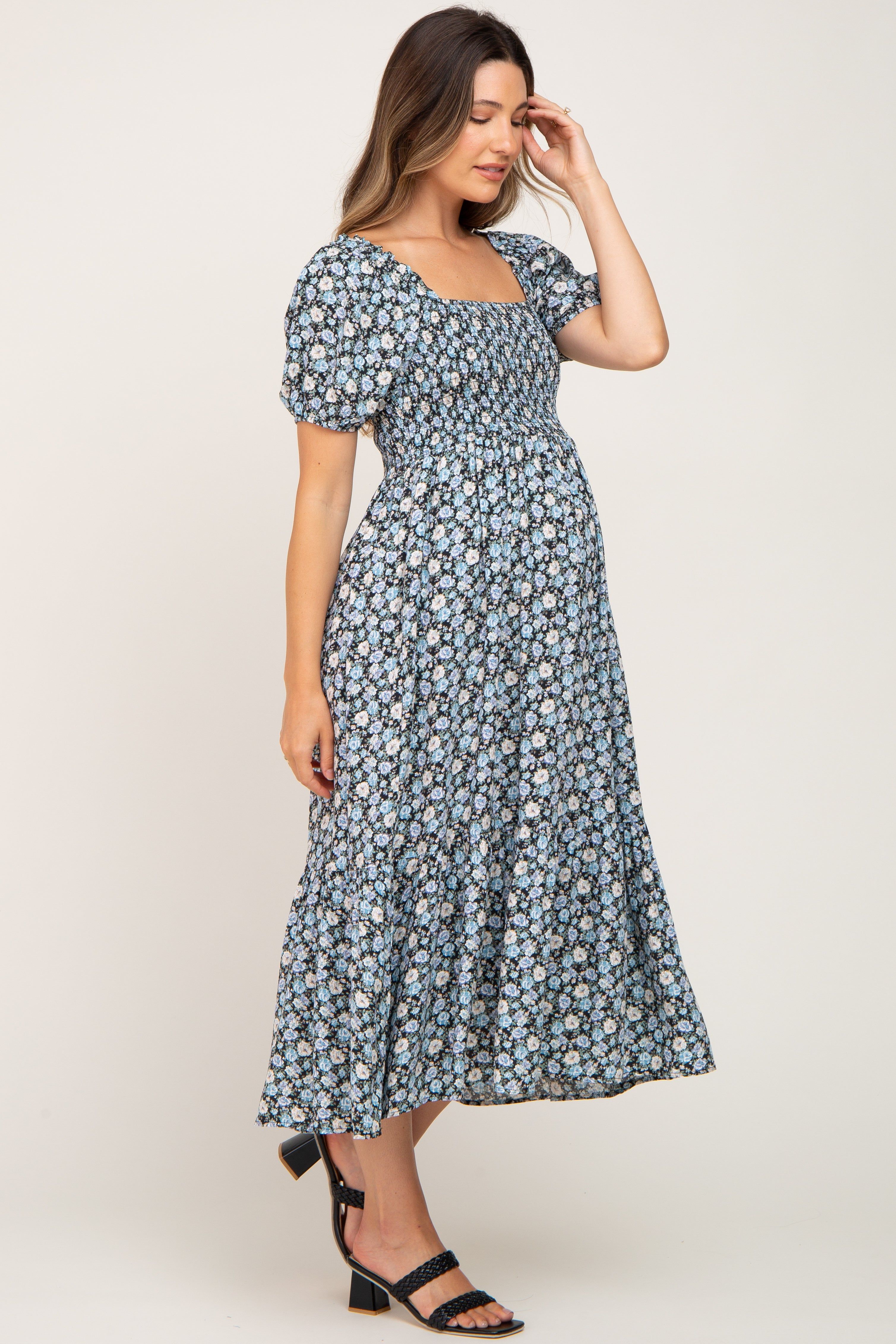 Black Floral Smocked Puff Sleeve Maternity Midi Dress sold by Pinkblush product image thumbnail 2