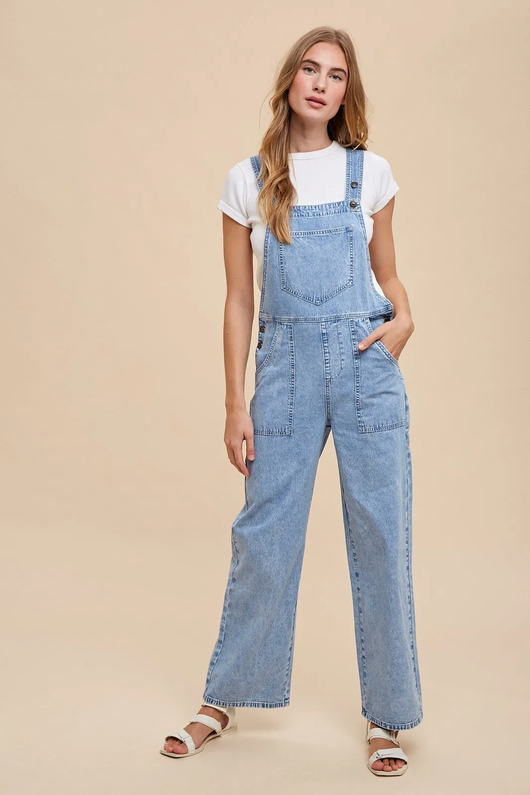 Light Denim Soft Mineral Wash Straight Wide Leg Overall Jeans sold by Pinkblush product image thumbnail 2